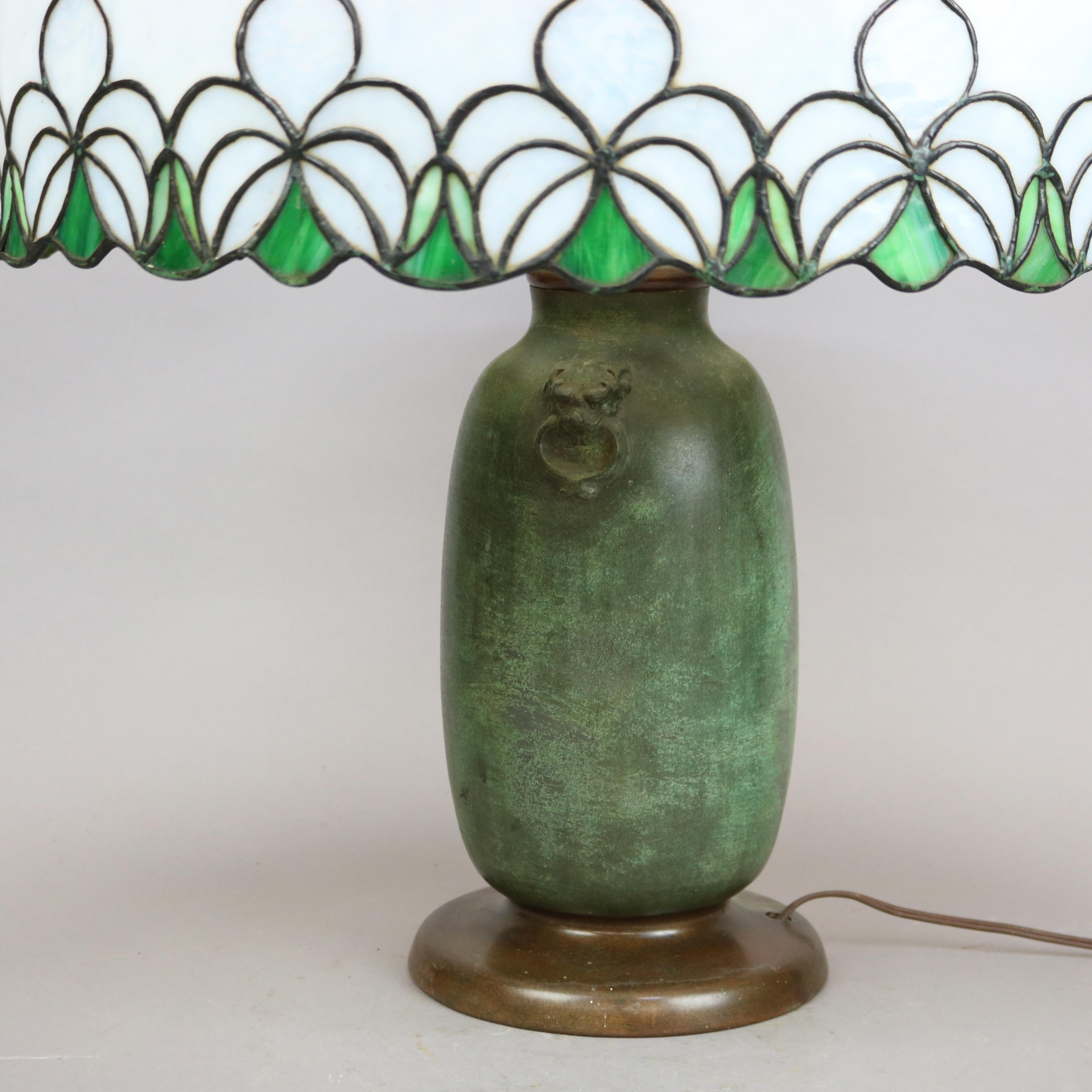 Metal Antique Arts & Crafts Oversized Figural Charles Parker Leaded Glass Lamp, c1920