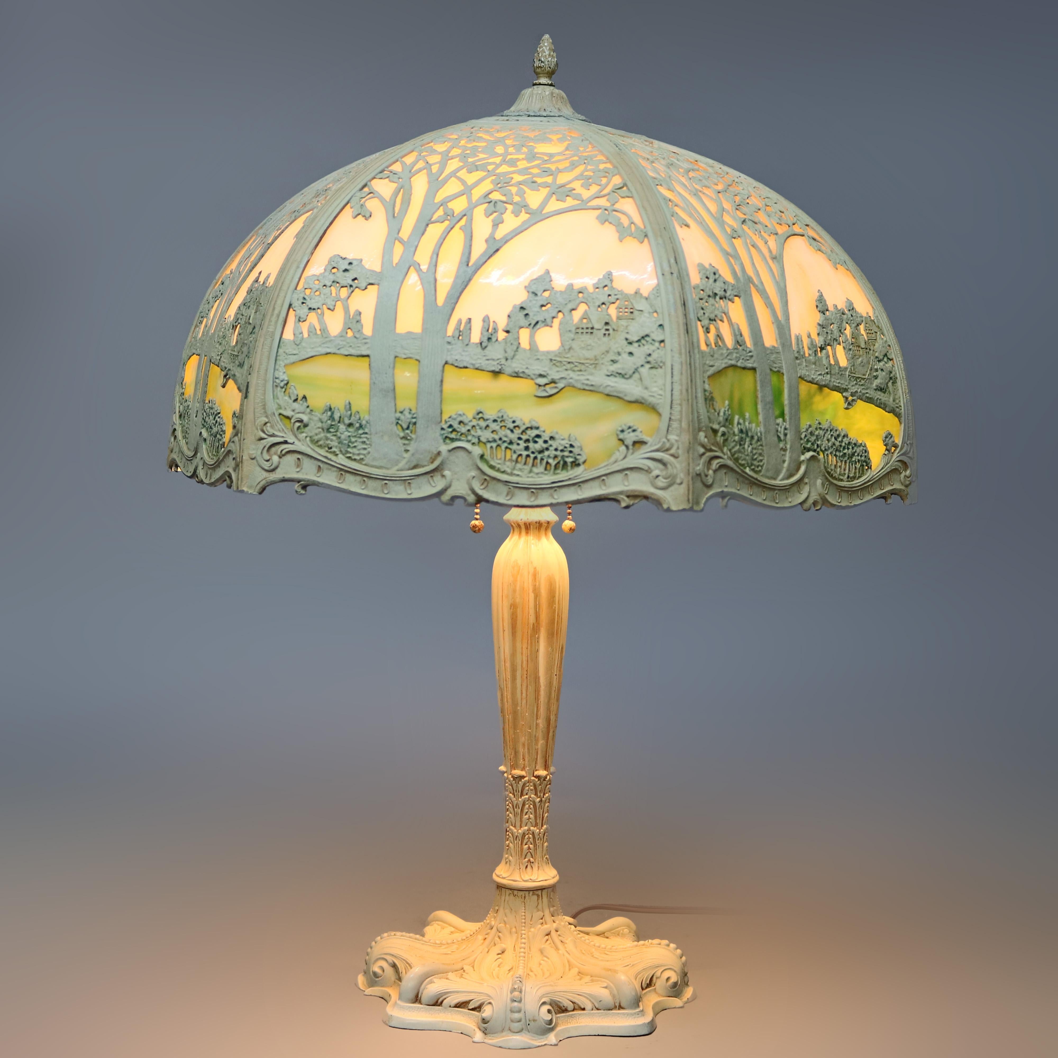 Arts and Crafts Antique Arts & Crafts Oversized Slag Glass Landscape Lamp by Miller, circa 1920