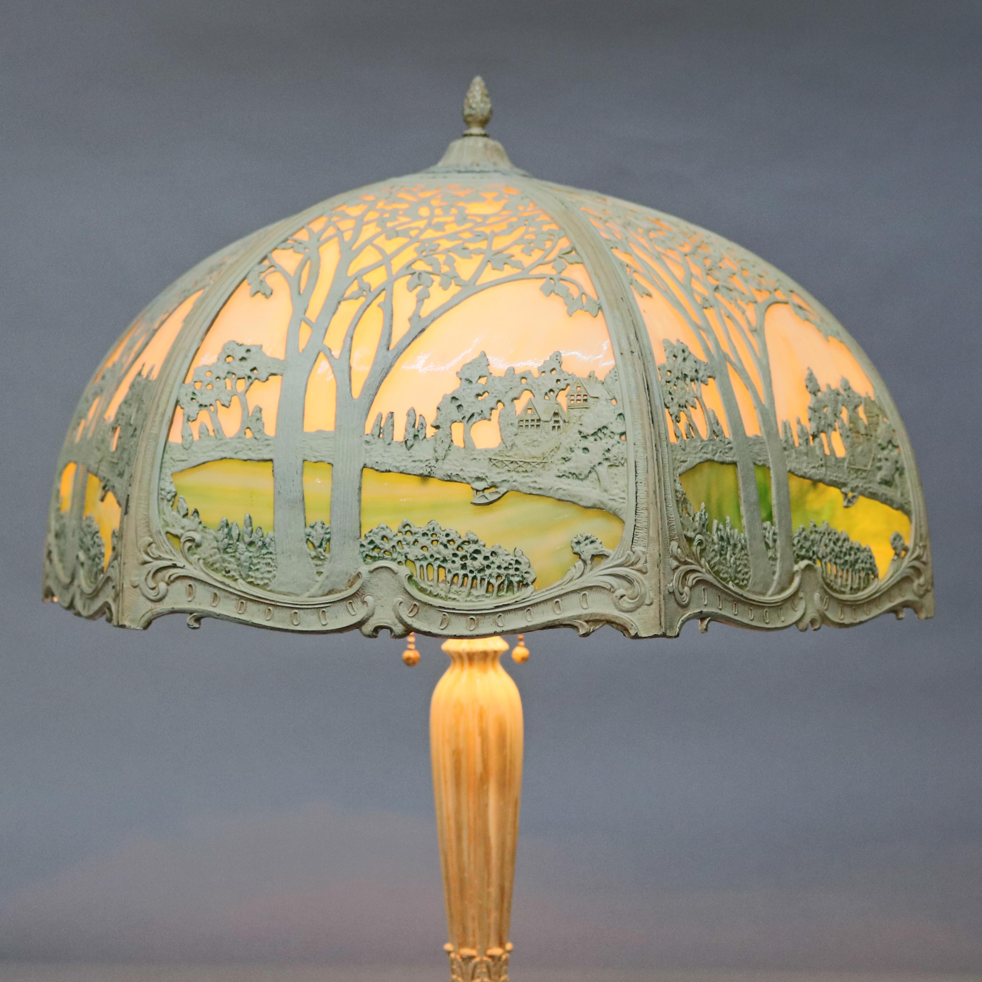Cast Antique Arts & Crafts Oversized Slag Glass Landscape Lamp by Miller, circa 1920