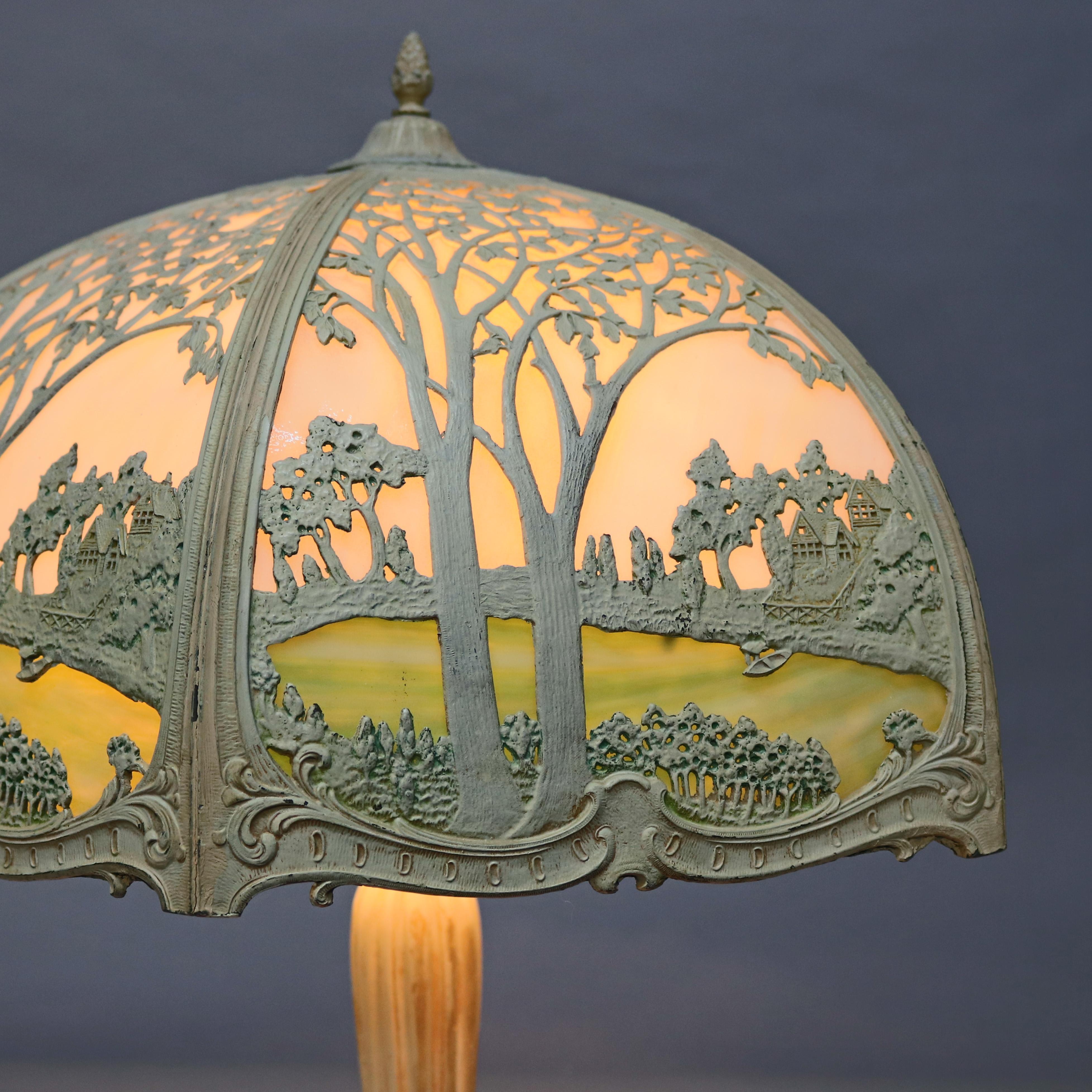 Antique Arts & Crafts Oversized Slag Glass Landscape Lamp by Miller, circa 1920 In Good Condition In Big Flats, NY