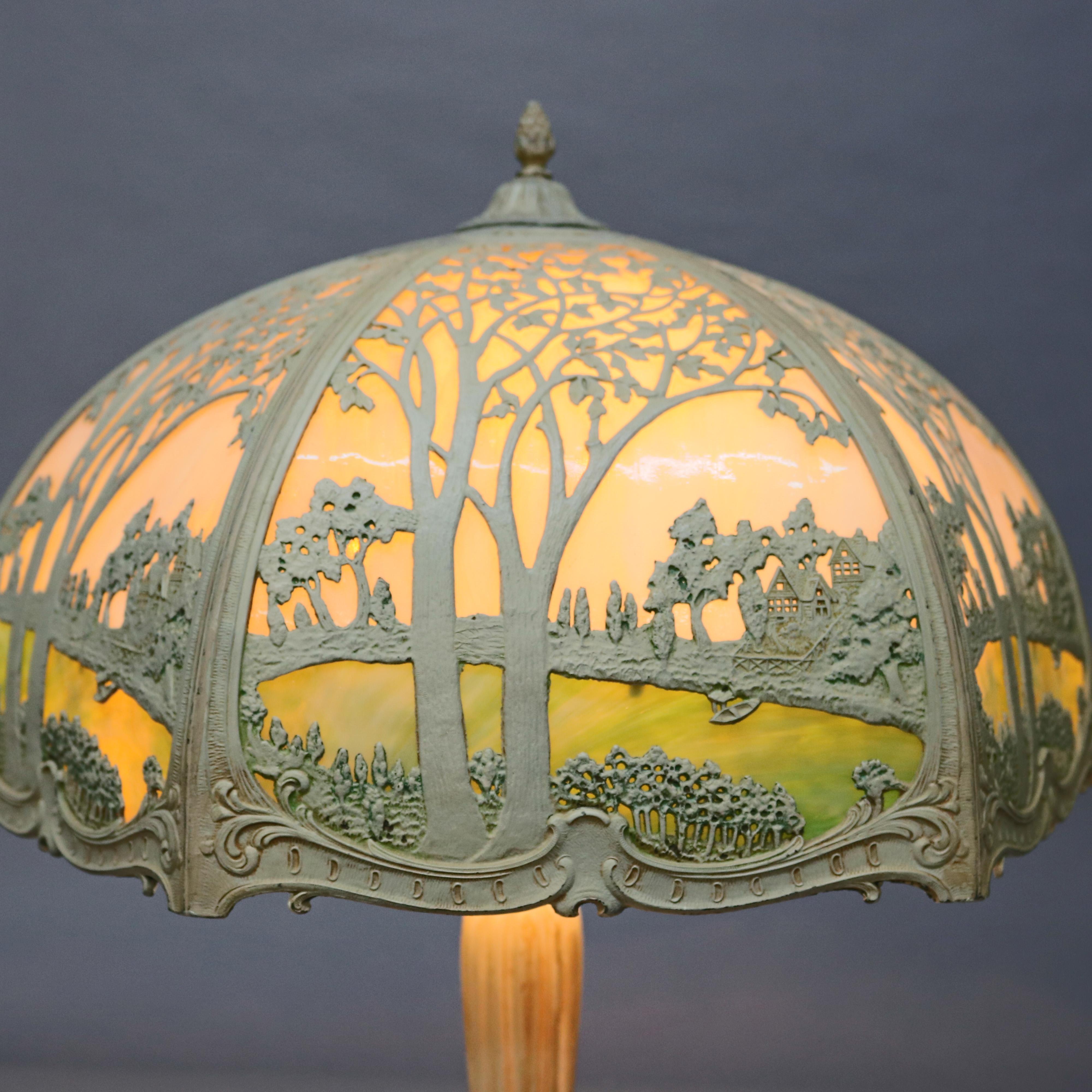 20th Century Antique Arts & Crafts Oversized Slag Glass Landscape Lamp by Miller, circa 1920