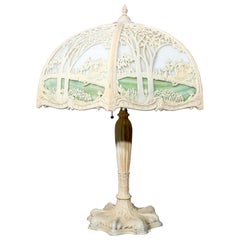 Antique Arts & Crafts Oversized Slag Glass Landscape Lamp by Miller, circa 1920