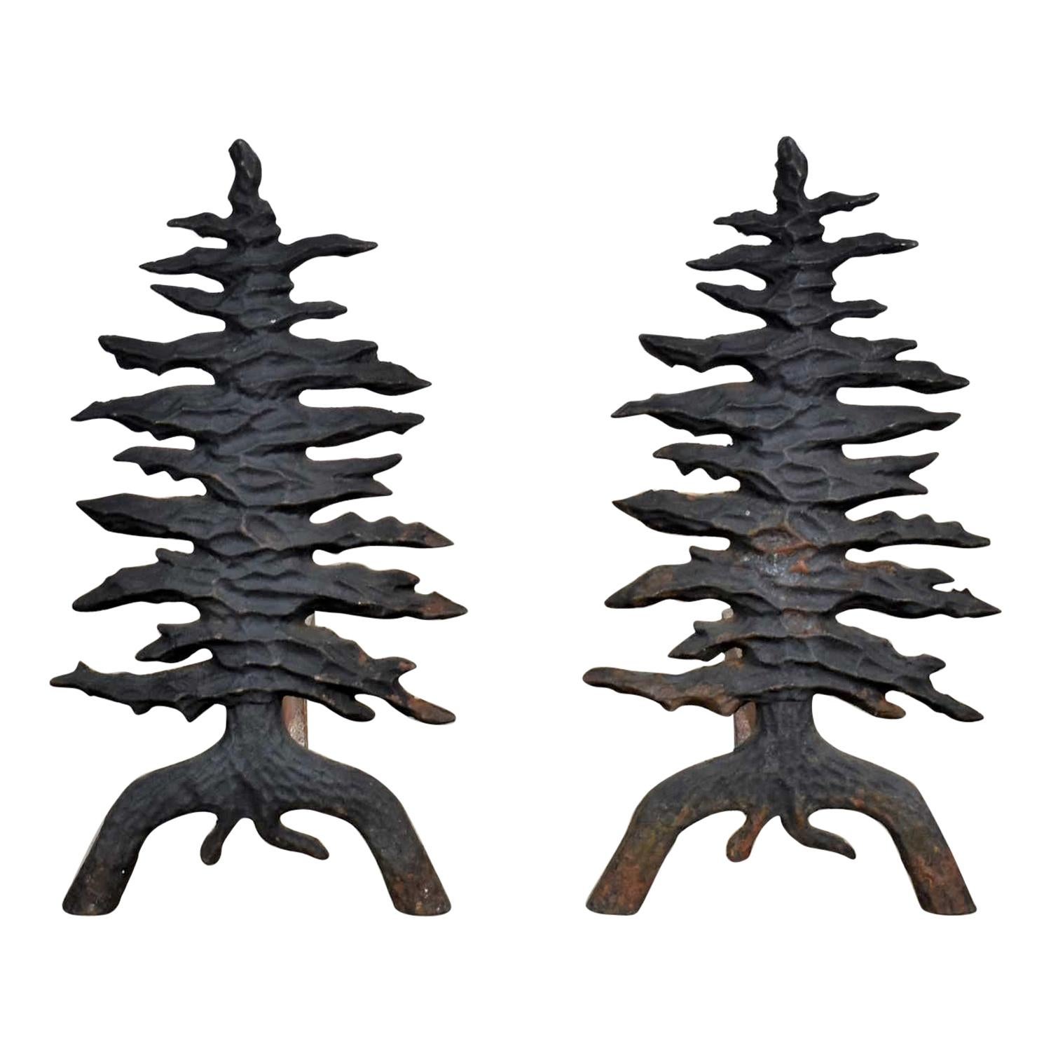 Antique Arts & Crafts Pair of Pine Tree Cast Iron Andirons by Martin Industries
