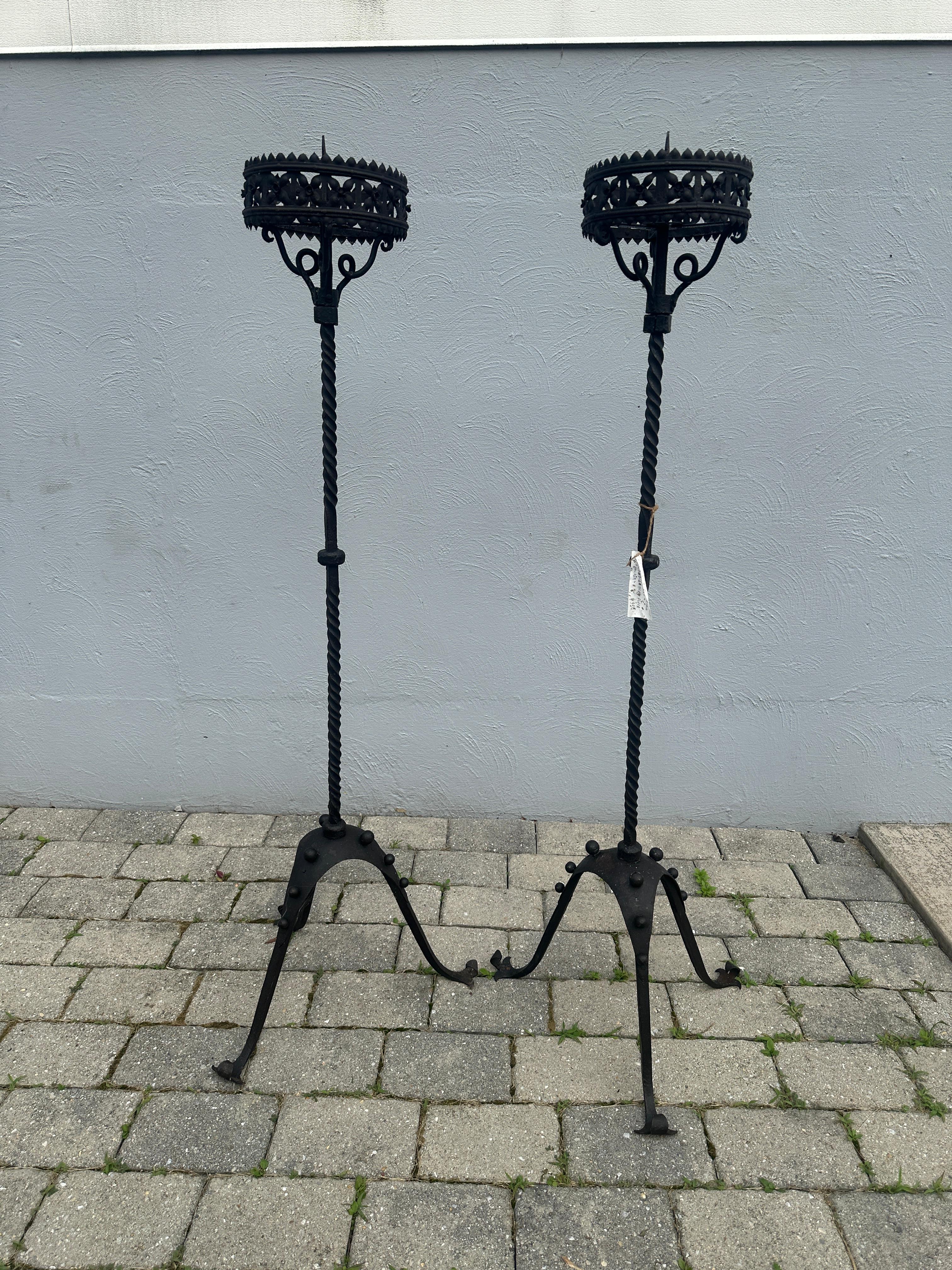 American Antique Arts & Crafts Pair or Iron Floor Candle Holders, Stickley Era - W2123 For Sale
