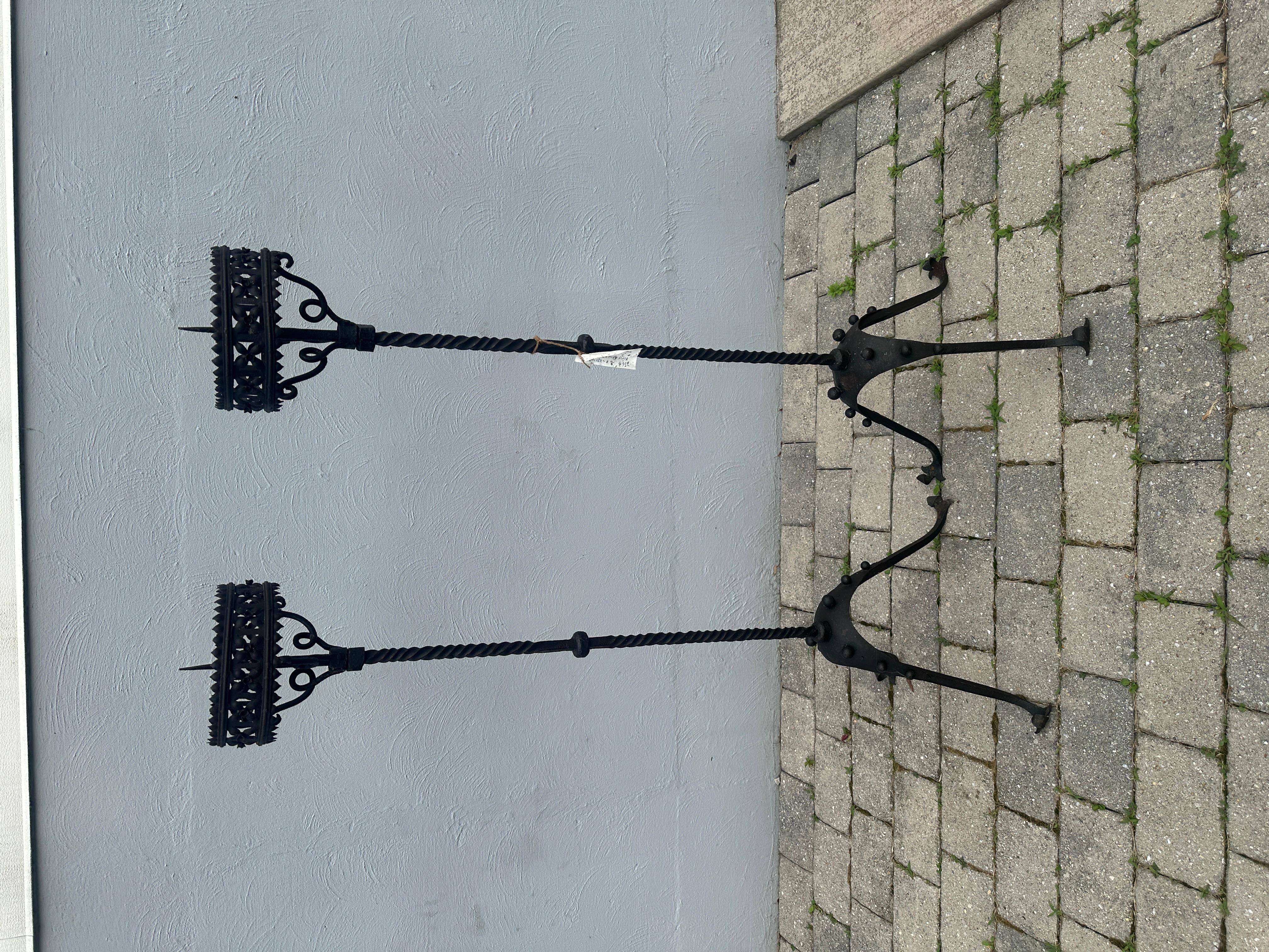 20th Century Antique Arts & Crafts Pair or Iron Floor Candle Holders, Stickley Era - W2123 For Sale