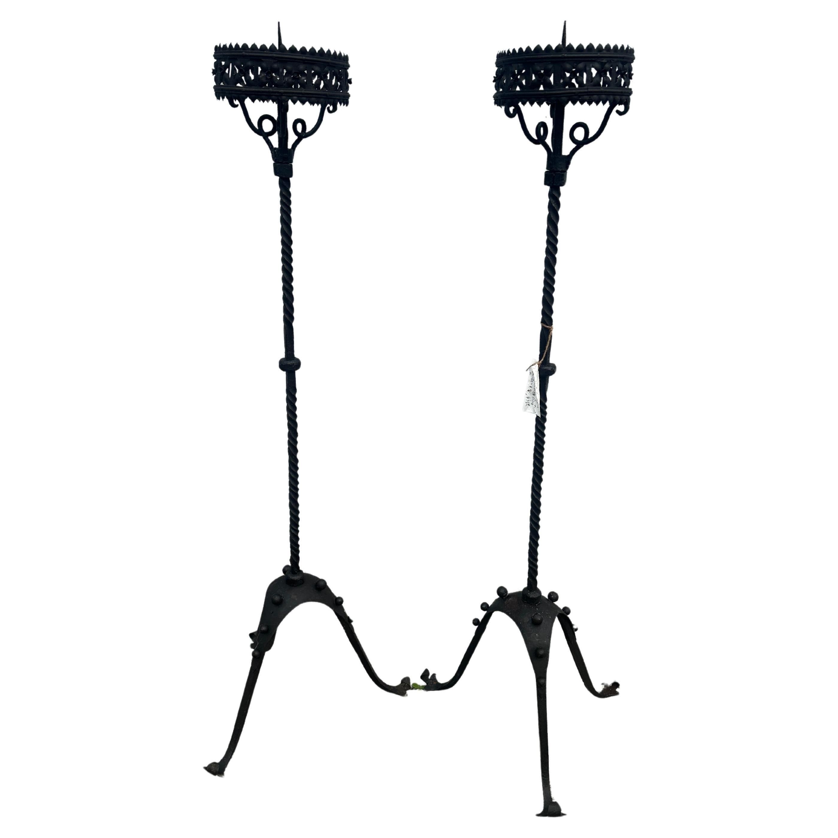 Antique Arts & Crafts Pair or Iron Floor Candle Holders, Stickley Era - W2123 For Sale