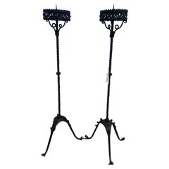 Antique Arts & Crafts Pair or Iron Floor Candle Holders, Stickley Era - W2123