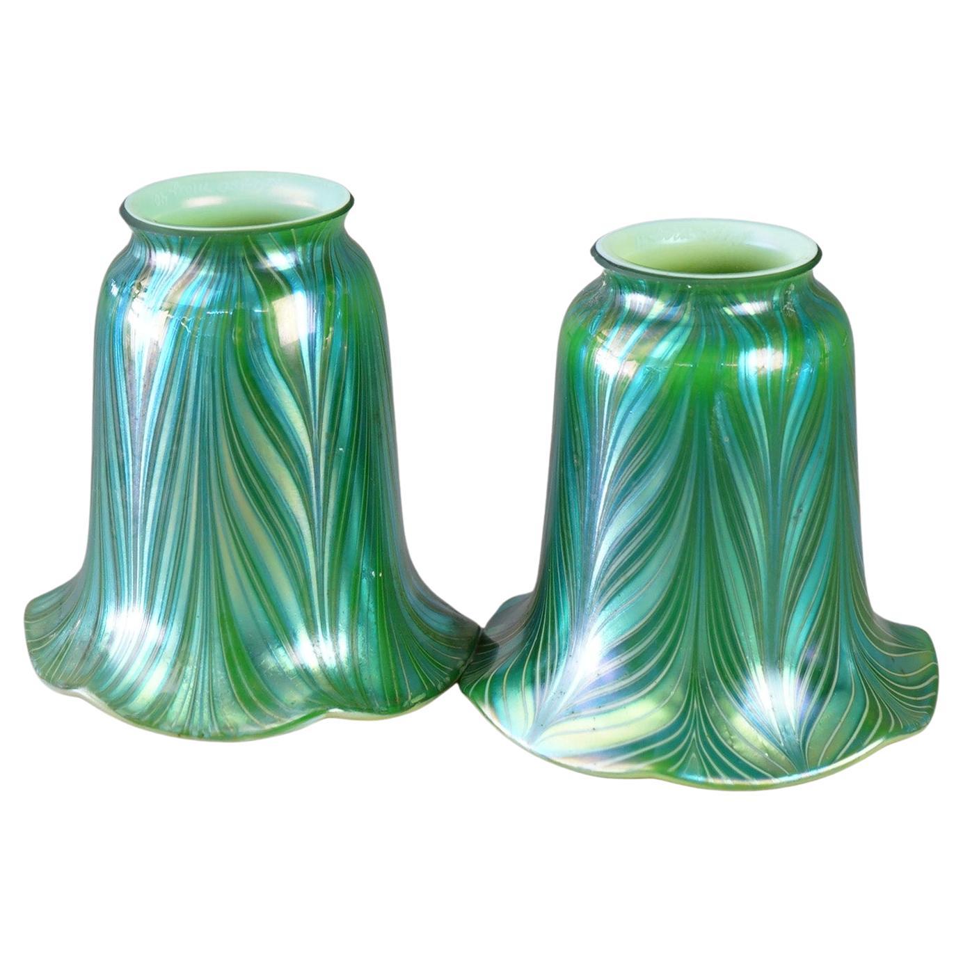Antique Arts and Crafts Pair of Orient & Flume Green Decorated Art Glass Lamp Shades, Signed, C1920

Measures - 4.5