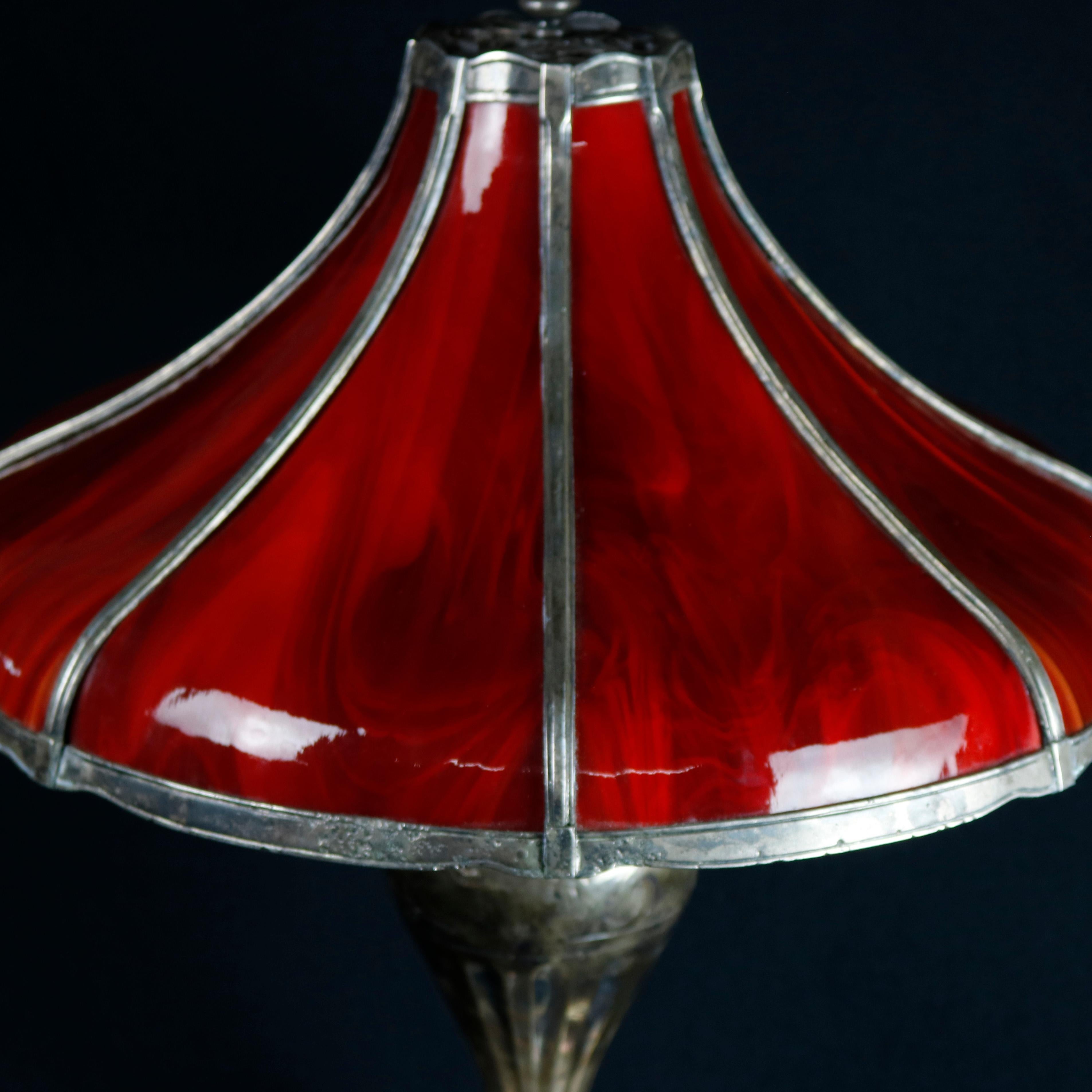 Arts and Crafts Antique Arts & Crafts Pairpoint Red Slag Glass Bent Panel Table Lamp, circa 1920