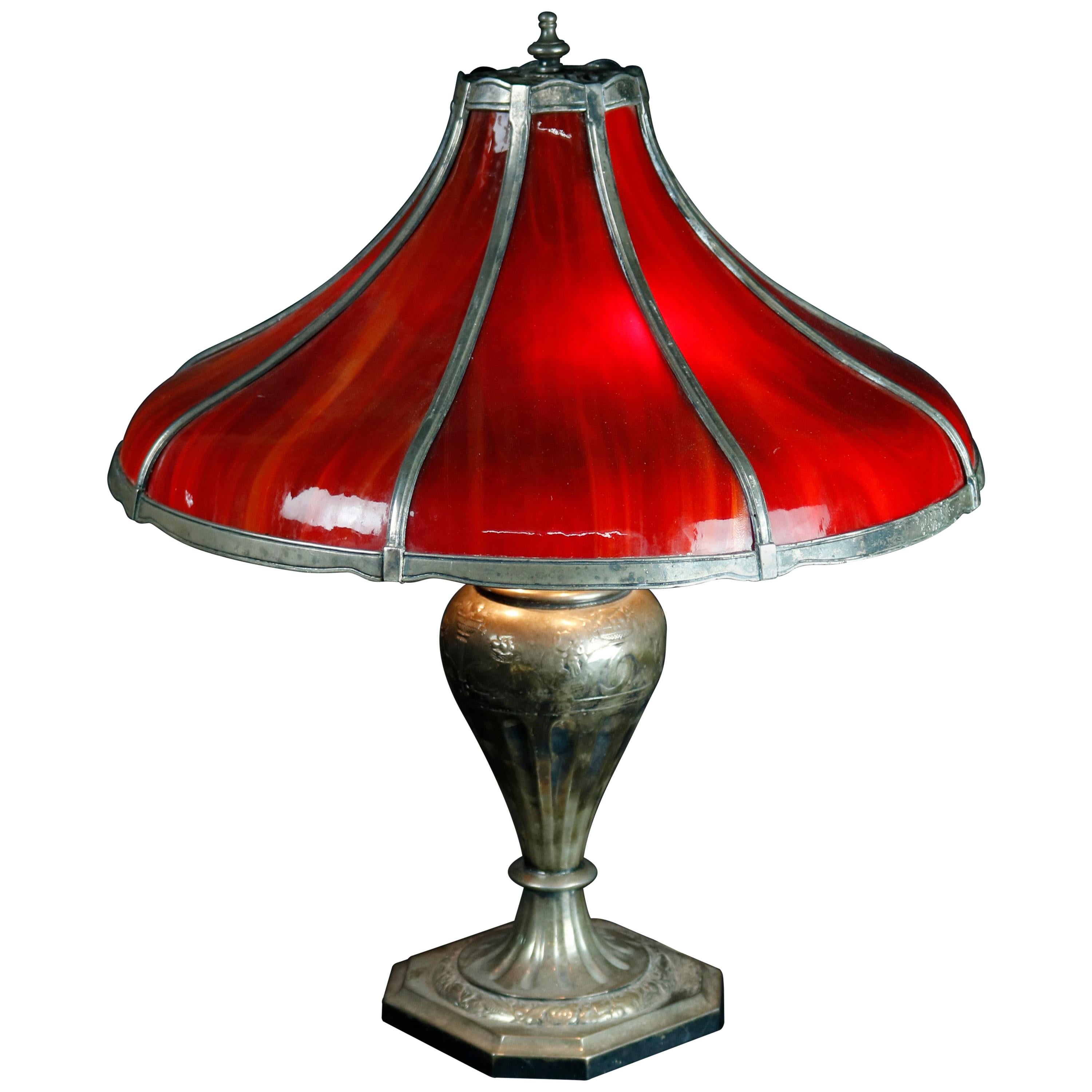 Antique Arts & Crafts Pairpoint Red Slag Glass Bent Panel Table Lamp, circa 1920