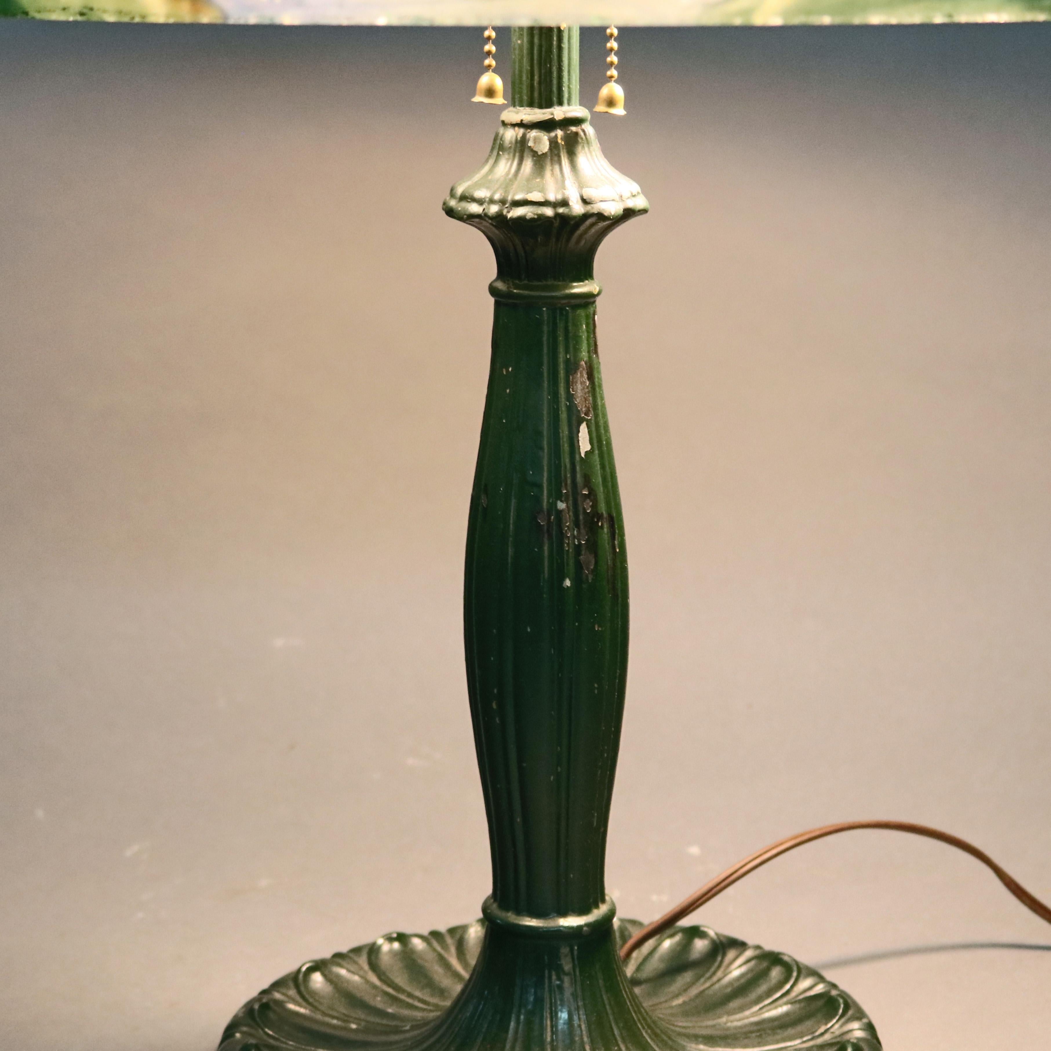 Cast Antique Arts & Crafts Pairpoint School Reverse Painted Table Lamp, circa 1920