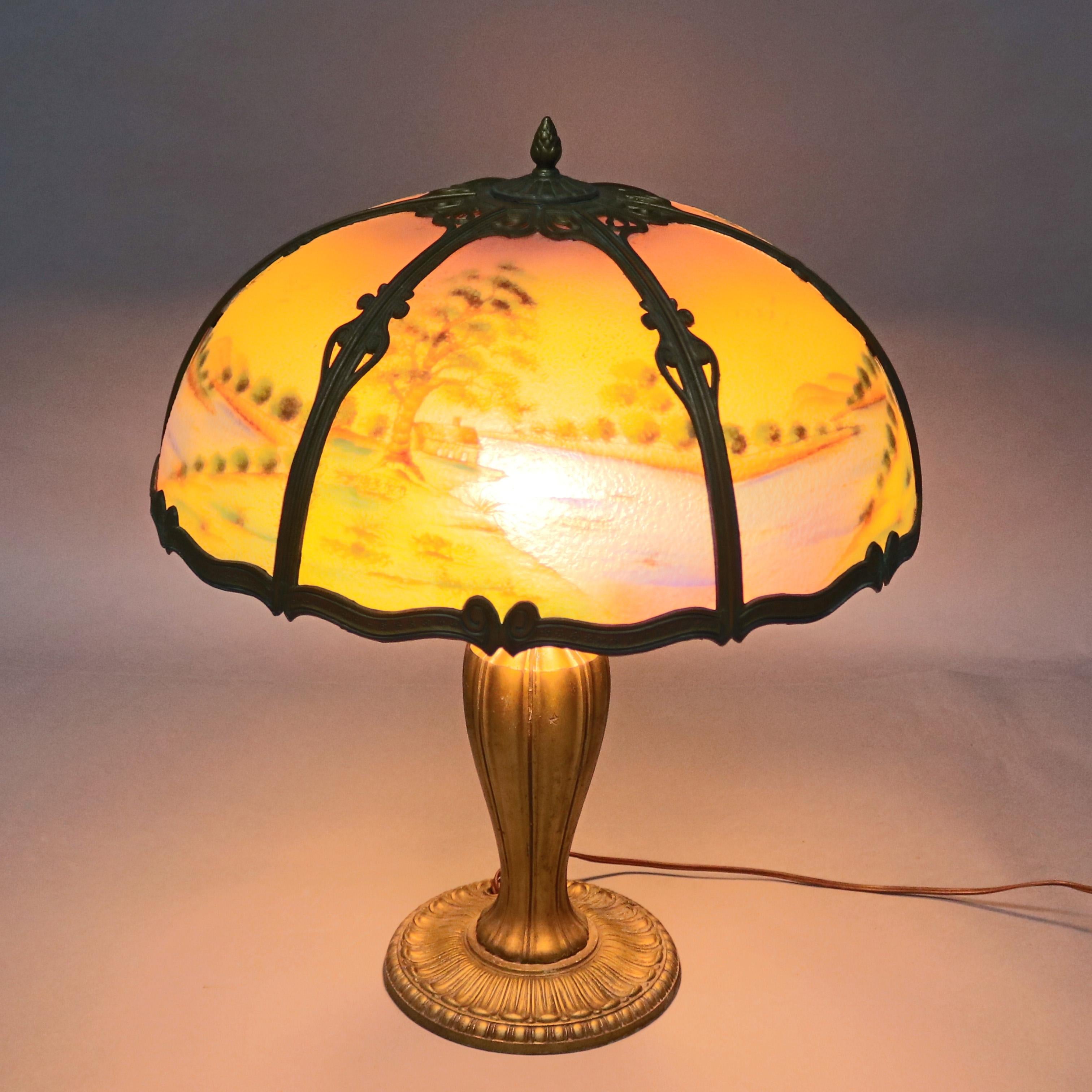 20th Century Antique Arts & Crafts Pairpoint School Scenic Reverse Painted Table Lamp