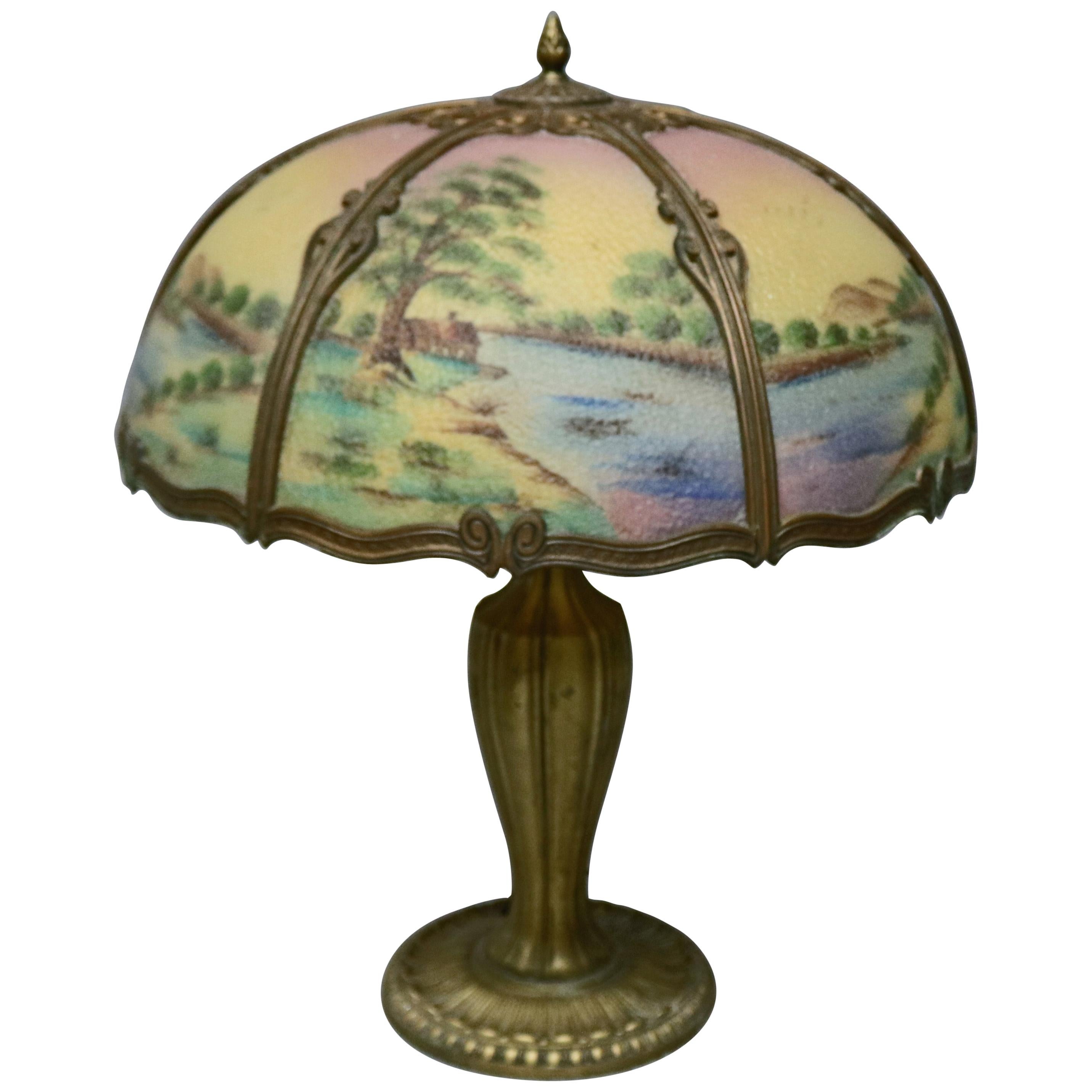 Antique Arts & Crafts Pairpoint School Scenic Reverse Painted Table Lamp