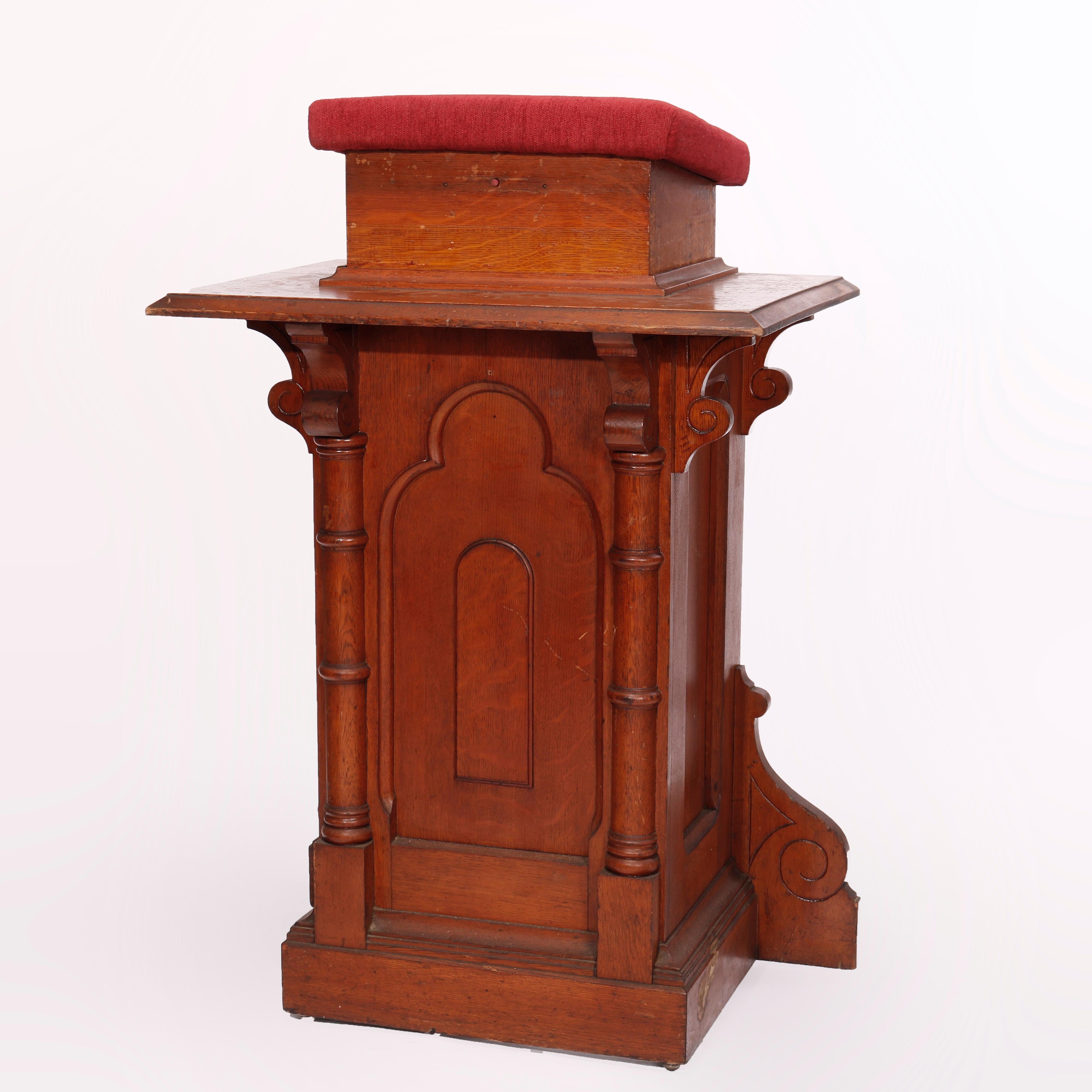 An antique Arts & Crafts podium offers paneled oak construction with flanking columns and incised scroll supports, adjustable presentation platform, c1900

Measures - 42''H X 29''W X 21.75''D.

Catalogue Note: Ask about DISCOUNTED DELIVERY RATES