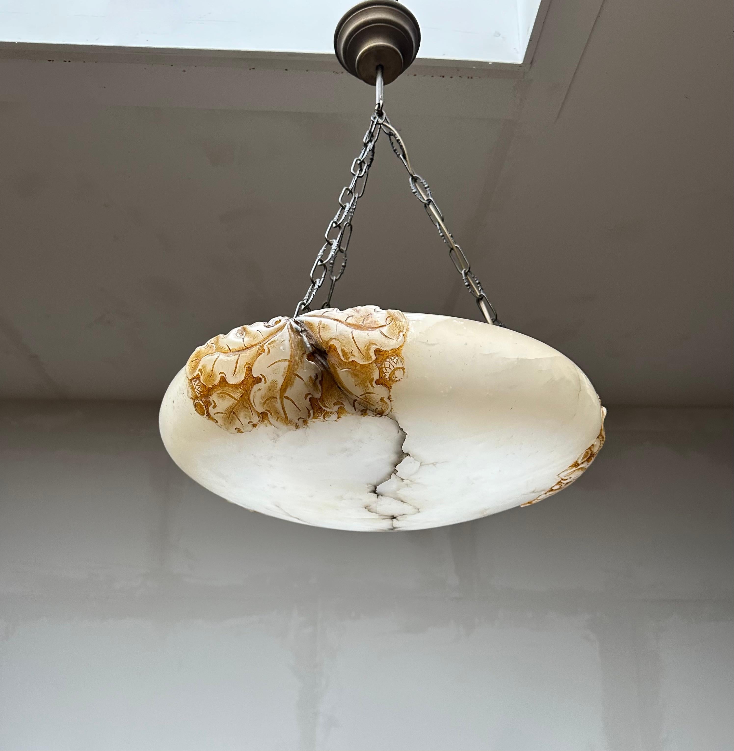 Antique Arts & Crafts Pendant Light w Stunning Large Carved Alabaster Shade 1920 For Sale 12