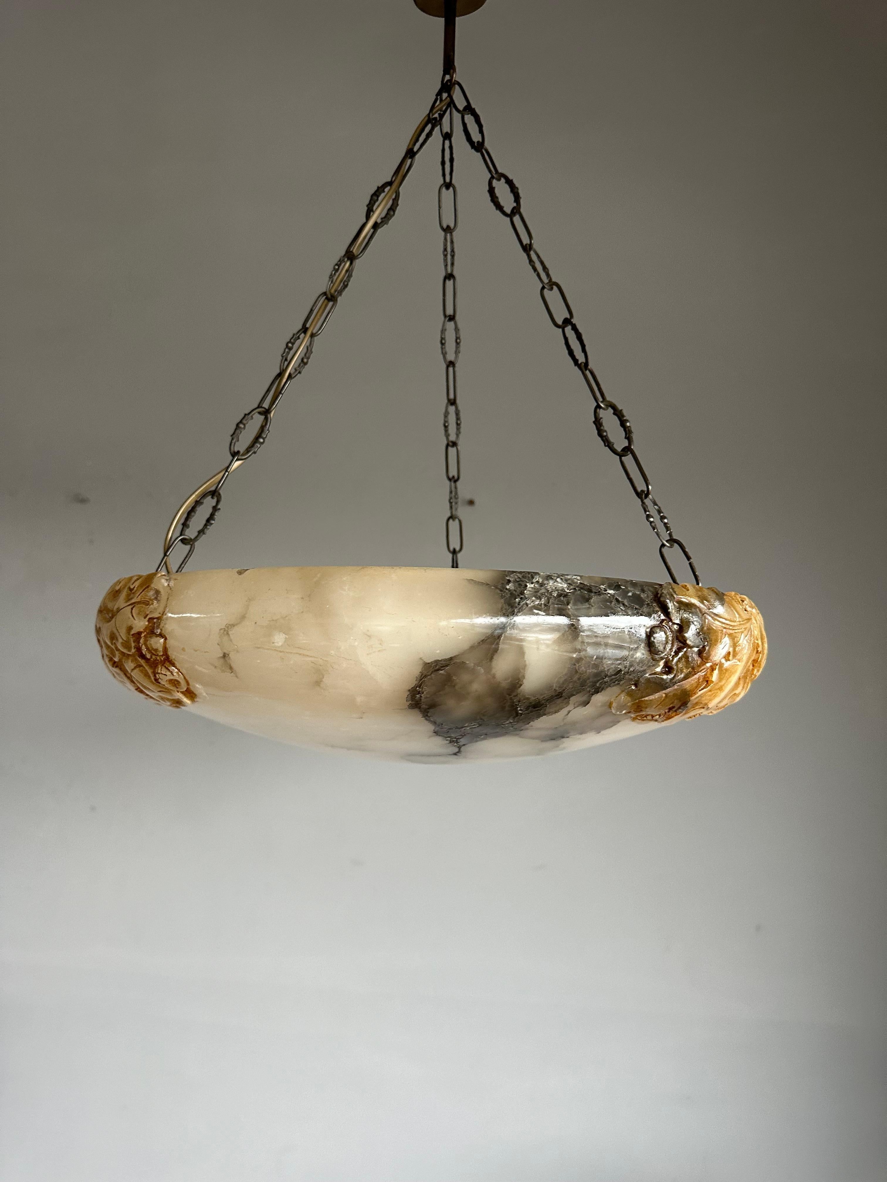 Brass Antique Arts & Crafts Pendant Light w Stunning Large Carved Alabaster Shade 1920 For Sale