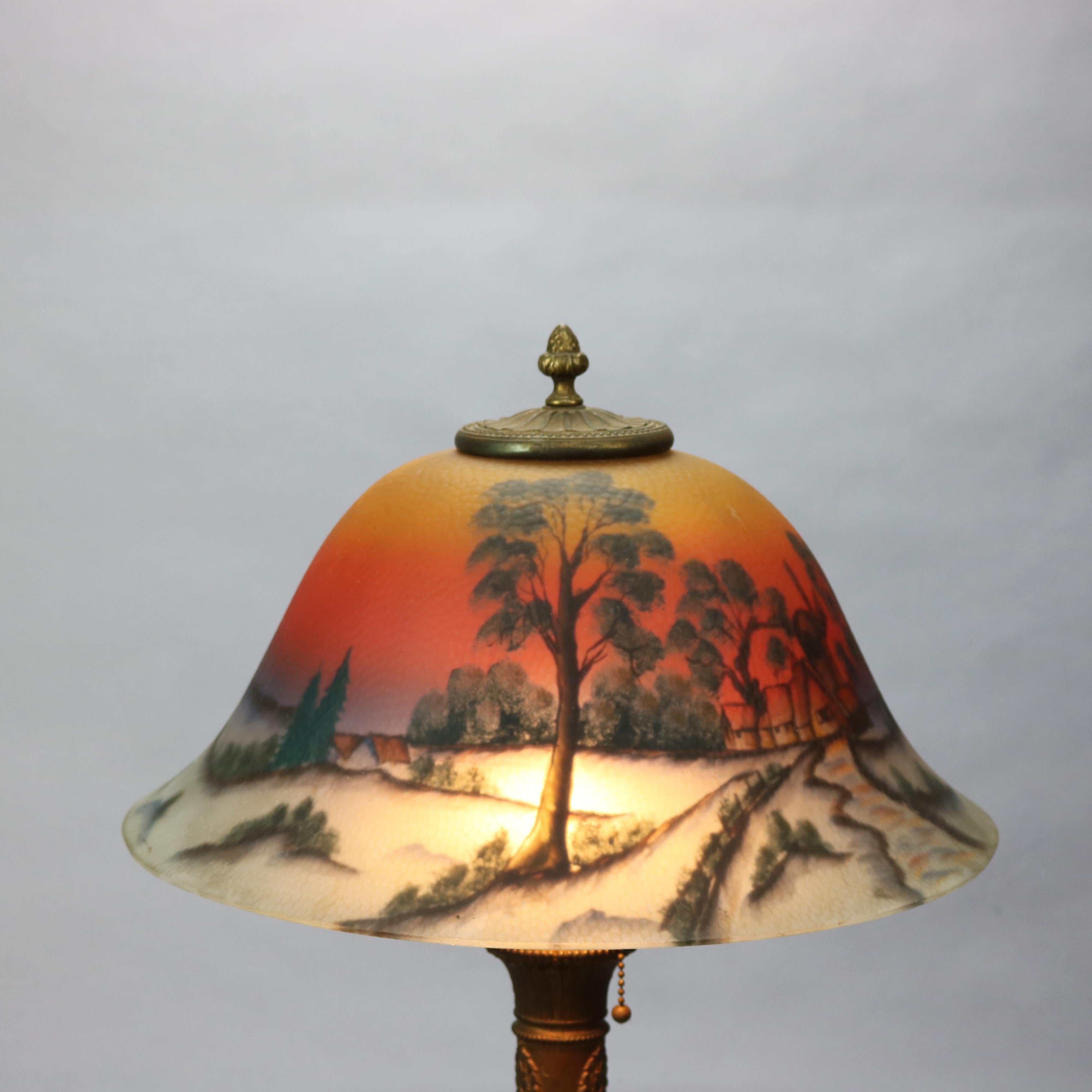 Arts and Crafts Antique Arts & Crafts Phoenix Reverse Painted Lamp, Landscape, c1920