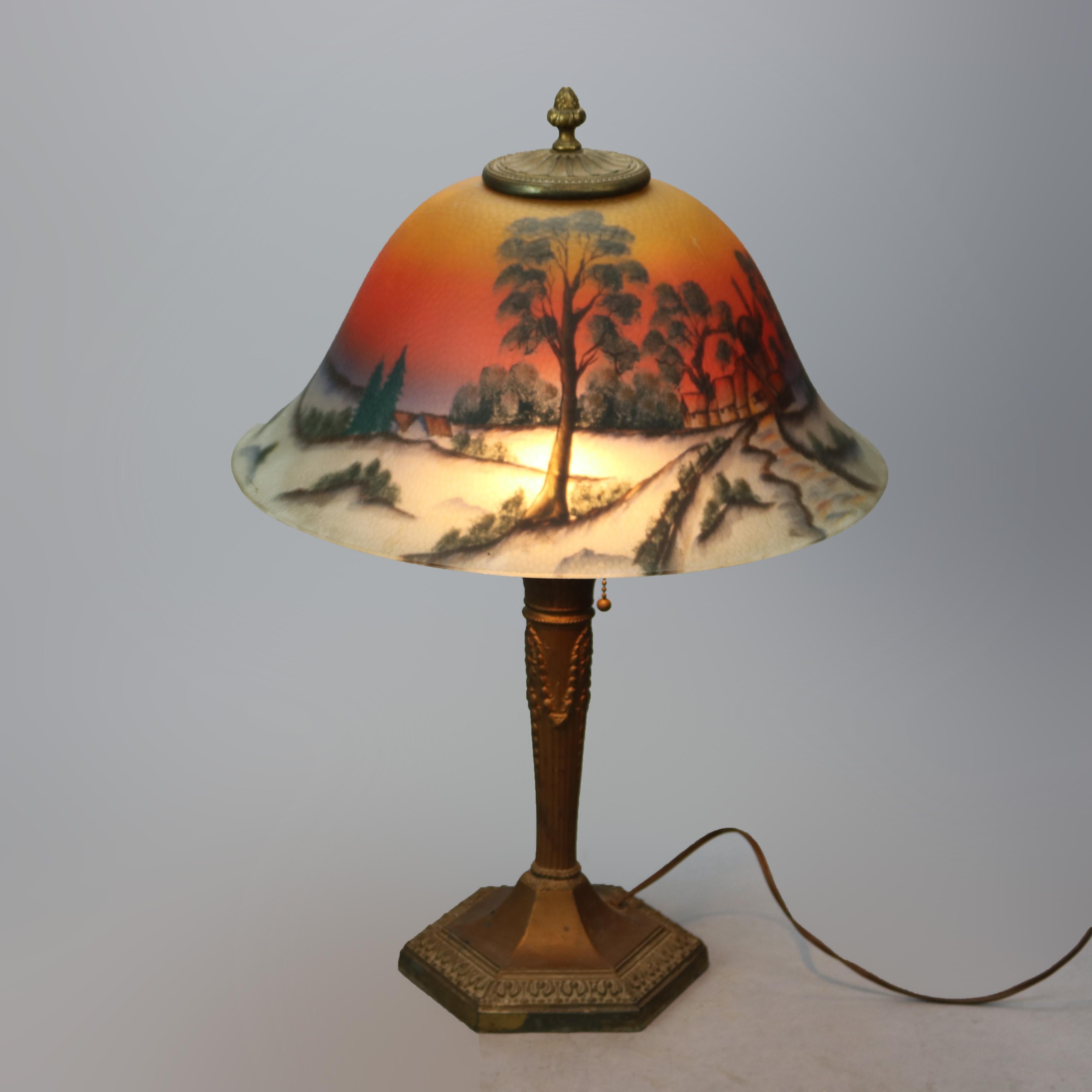 American Antique Arts & Crafts Phoenix Reverse Painted Lamp, Landscape, c1920