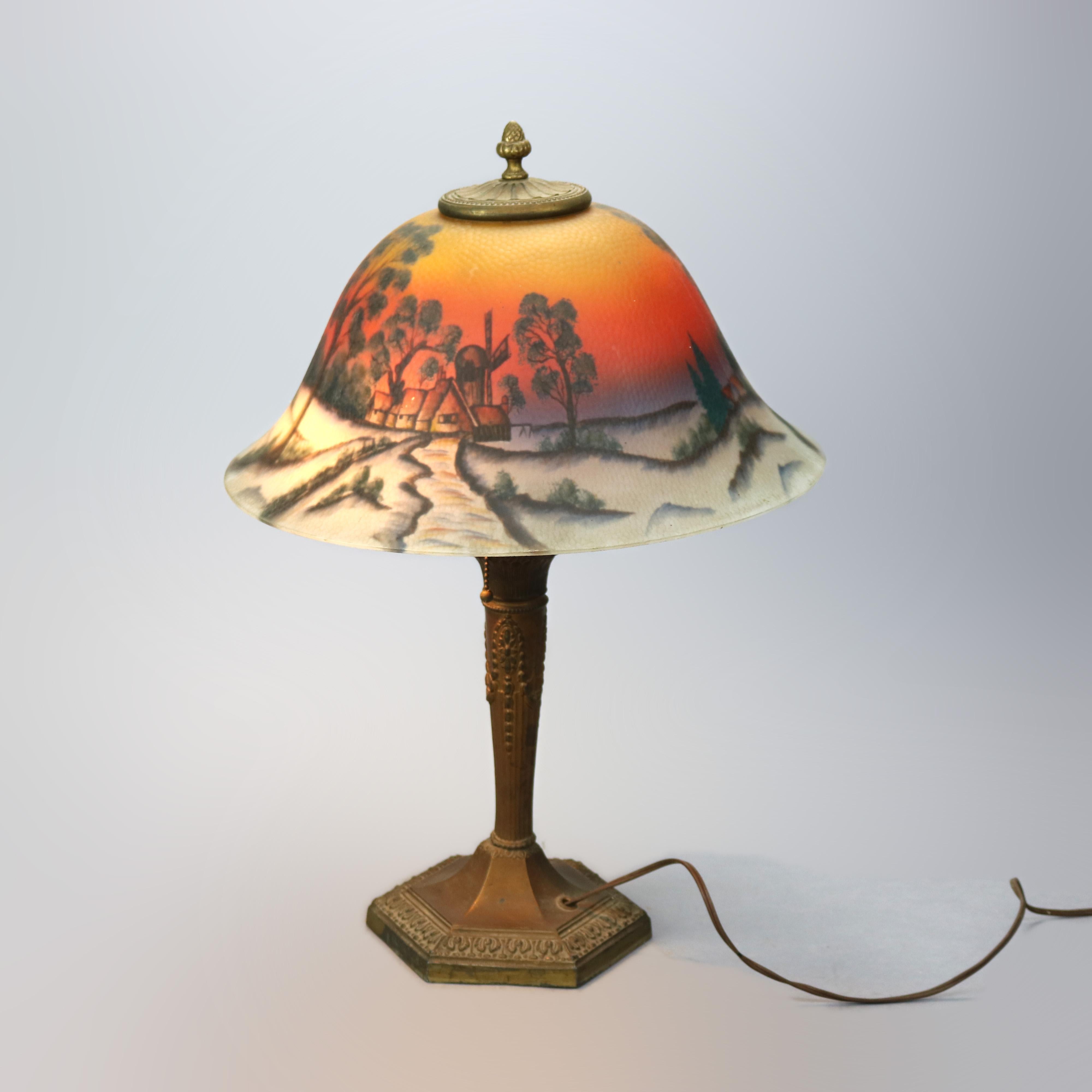 Antique Arts & Crafts Phoenix Reverse Painted Lamp, Landscape, c1920 In Good Condition In Big Flats, NY