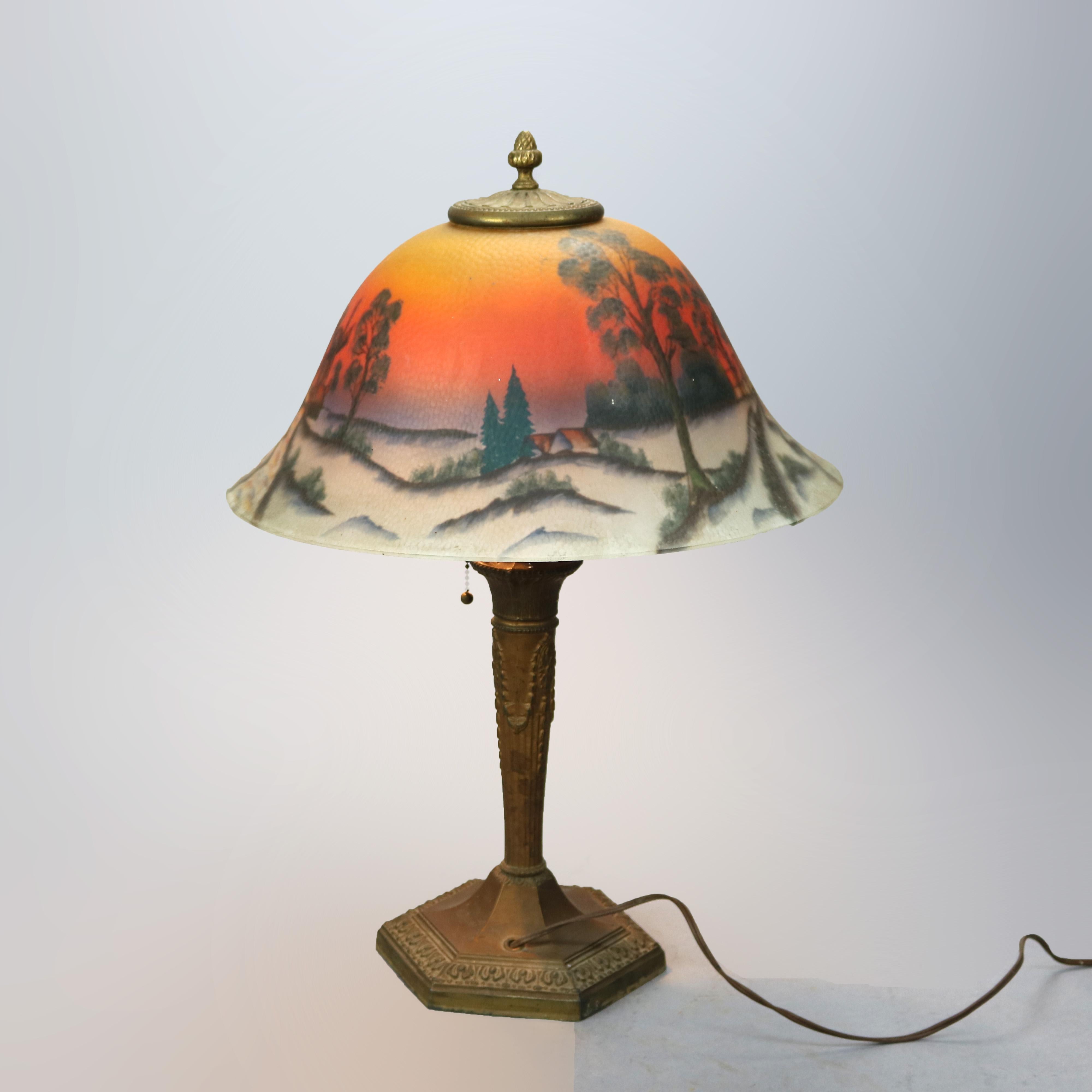 20th Century Antique Arts & Crafts Phoenix Reverse Painted Lamp, Landscape, c1920