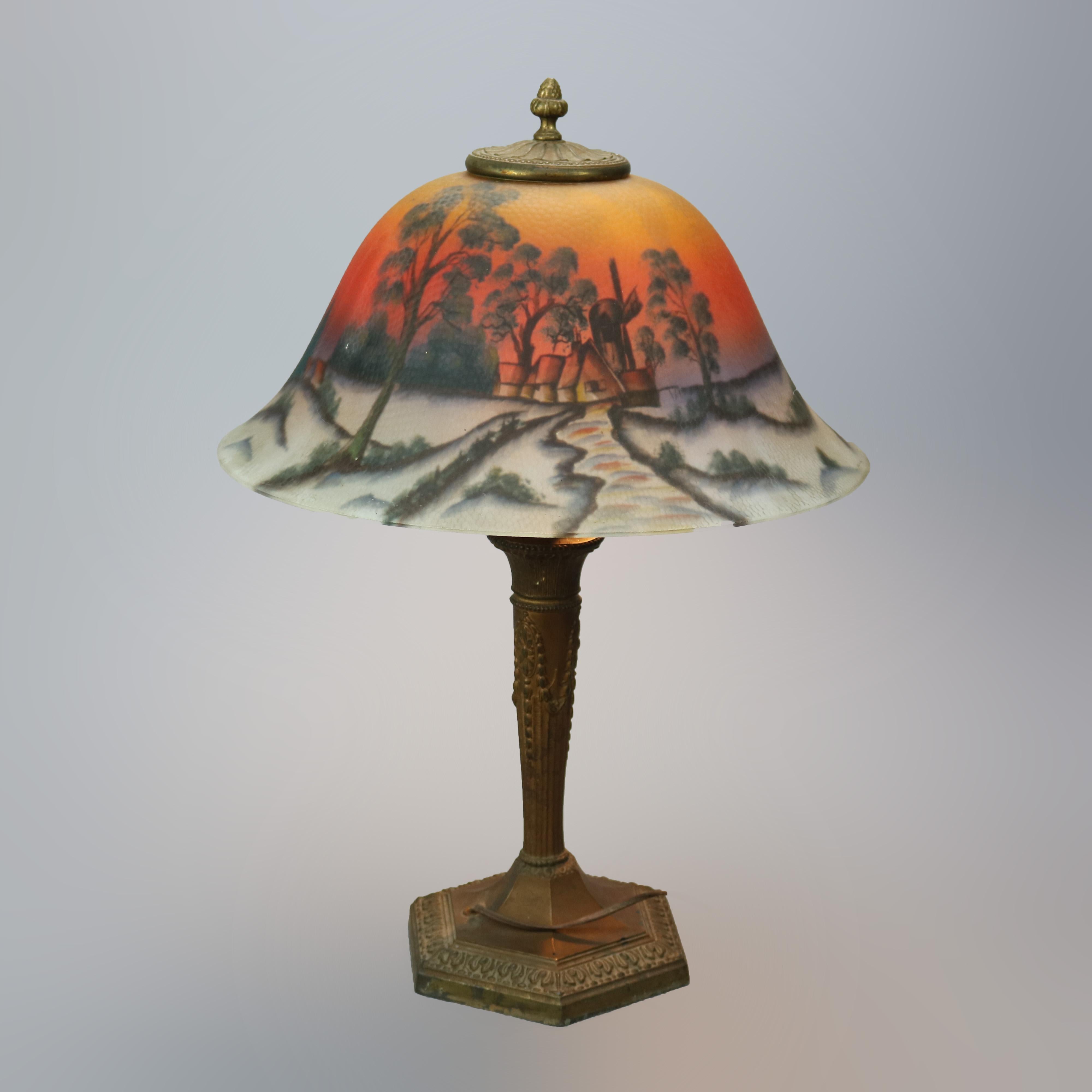 Antique Arts & Crafts Phoenix Reverse Painted Lamp, Landscape, c1920 1