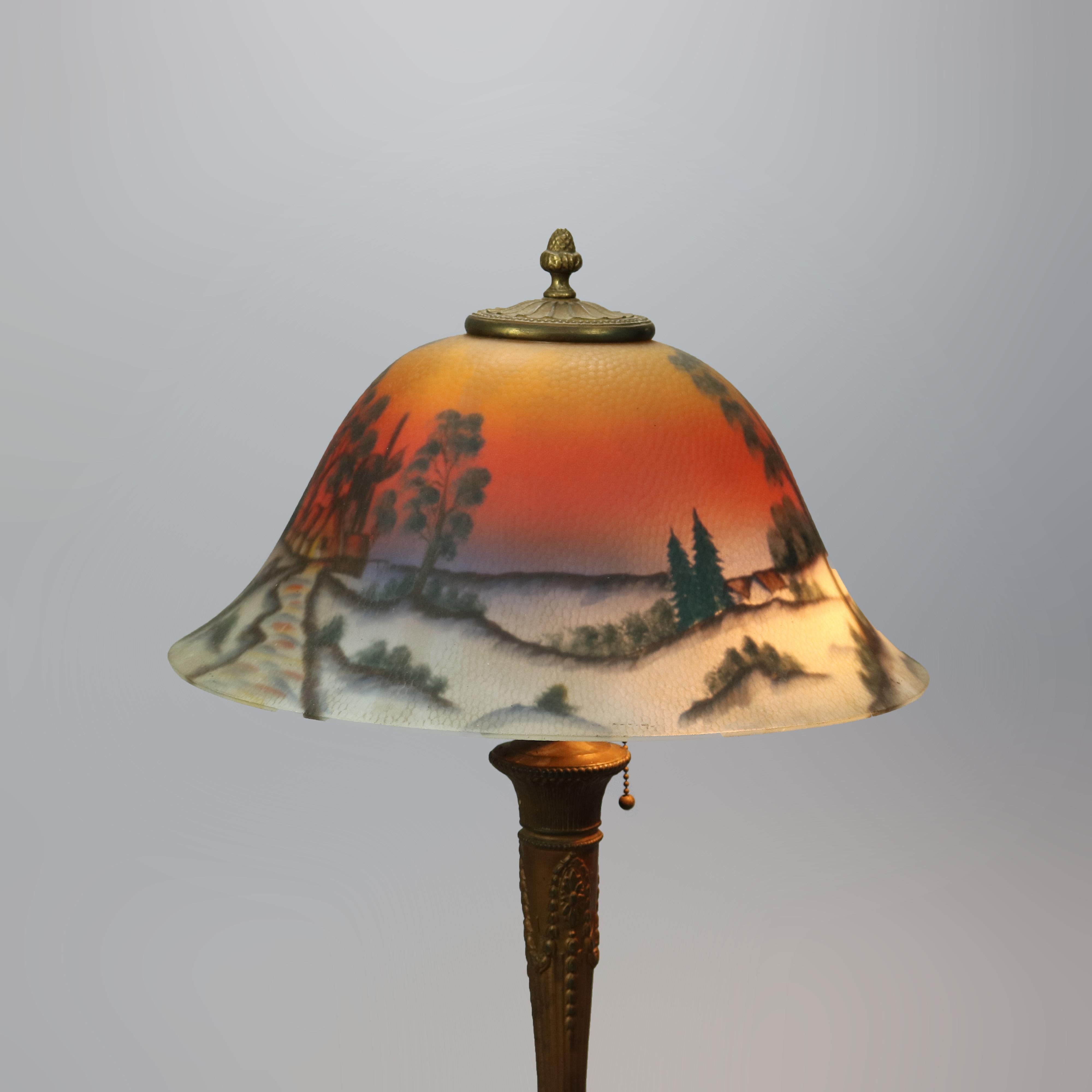 Antique Arts & Crafts Phoenix Reverse Painted Lamp, Landscape, c1920 2