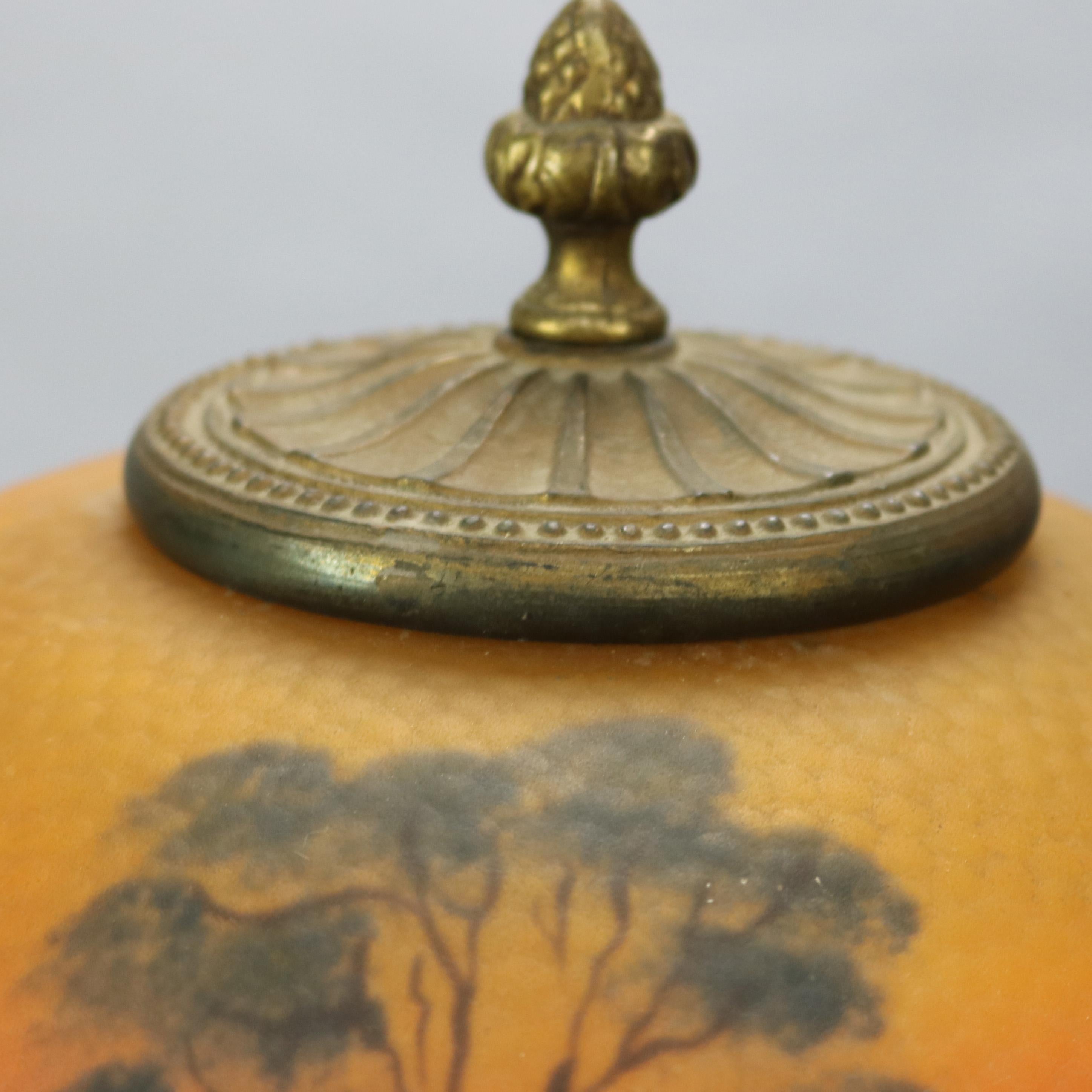 Antique Arts & Crafts Phoenix Reverse Painted Lamp, Landscape, c1920 3