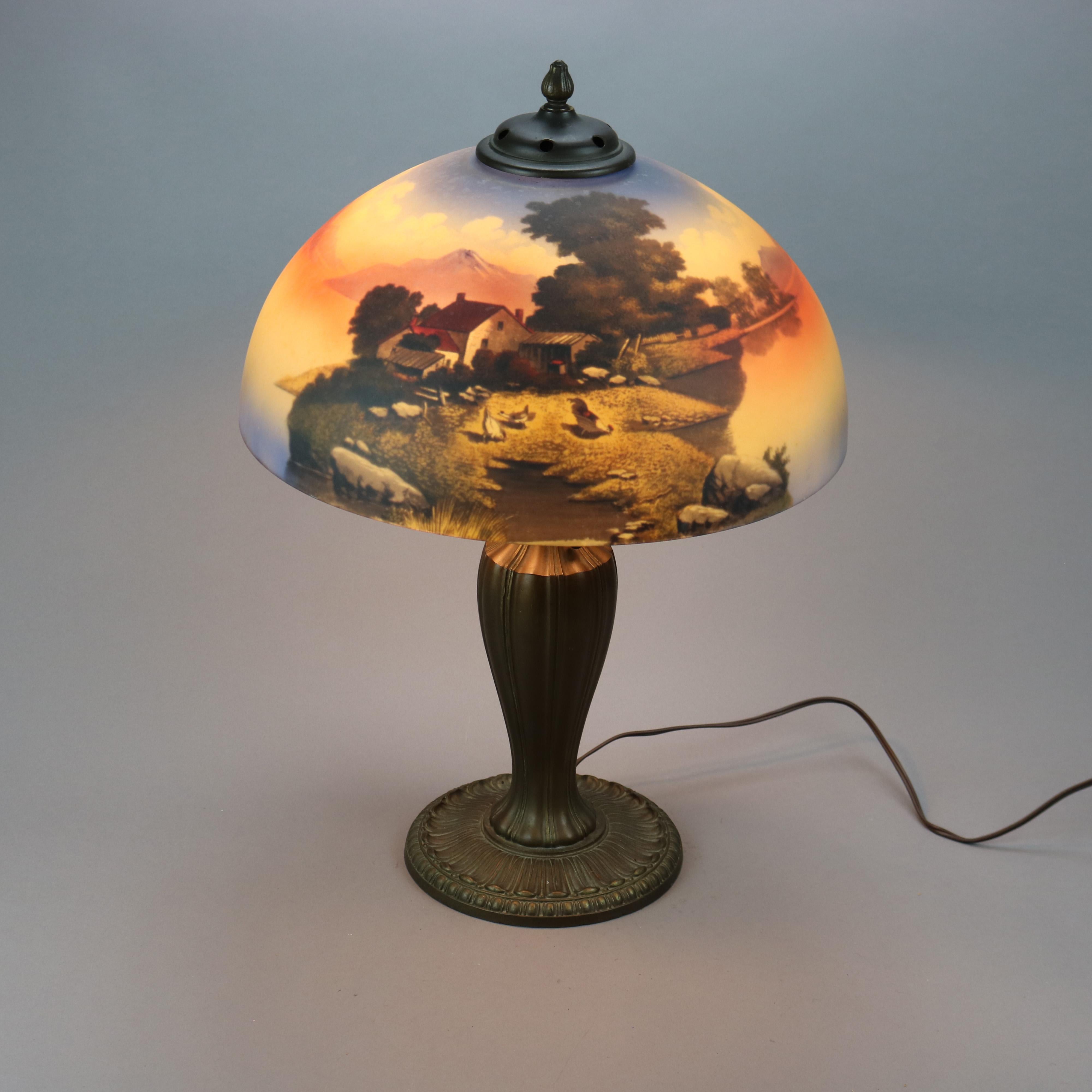 Arts and Crafts Antique Arts & Crafts Phoenix Reverse Painted Lamp with Farm & Chickens, c1920