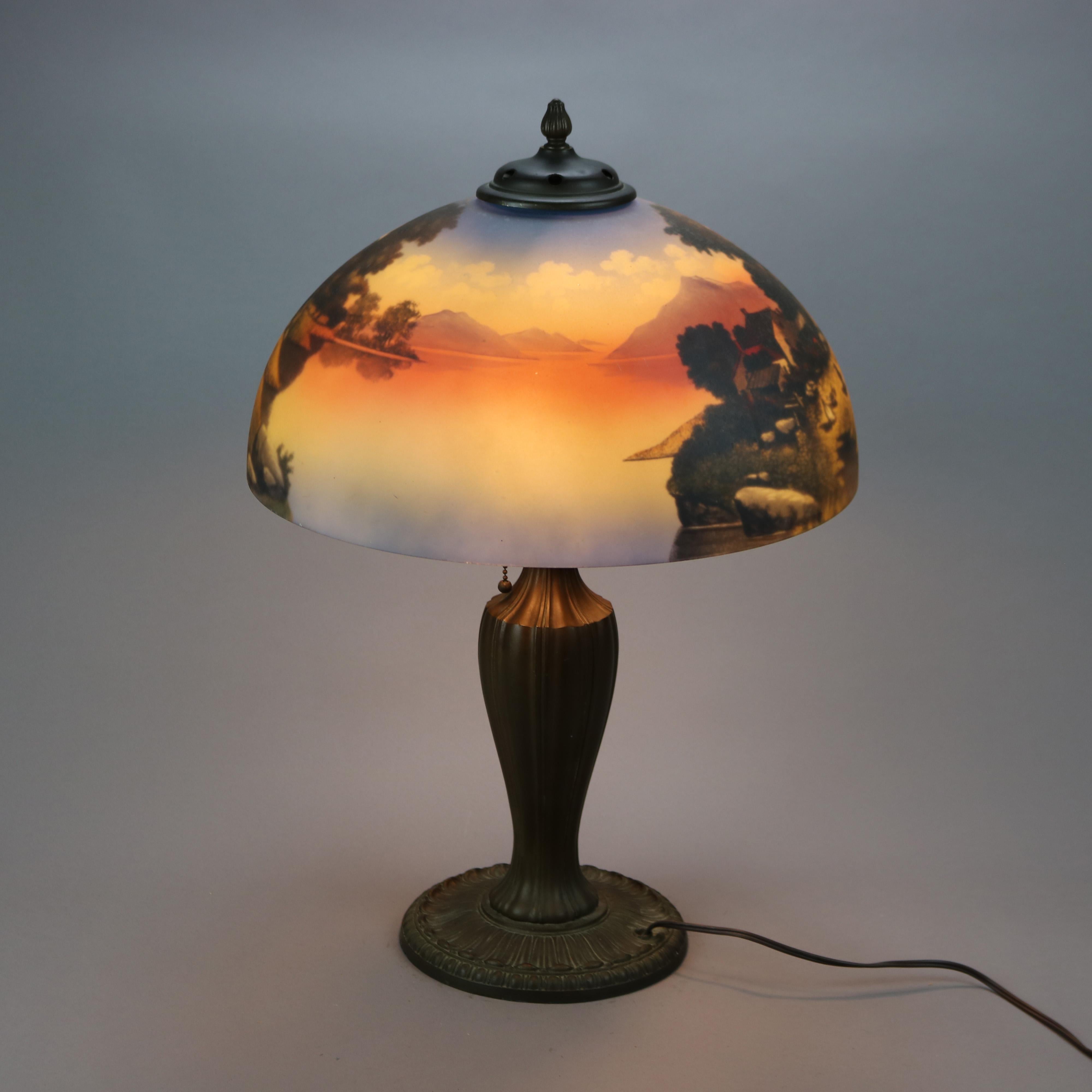 Cast Antique Arts & Crafts Phoenix Reverse Painted Lamp with Farm & Chickens, c1920
