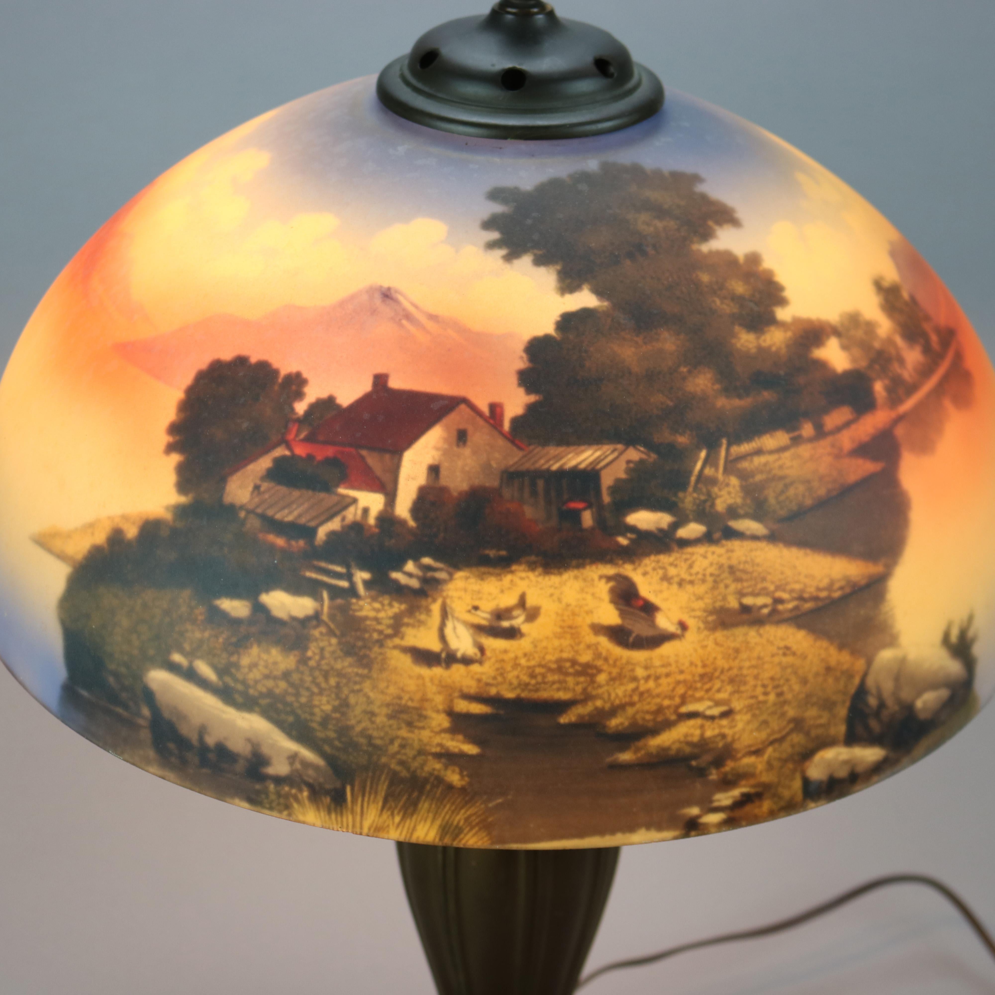 Antique Arts & Crafts Phoenix Reverse Painted Lamp with Farm & Chickens, c1920 In Good Condition In Big Flats, NY
