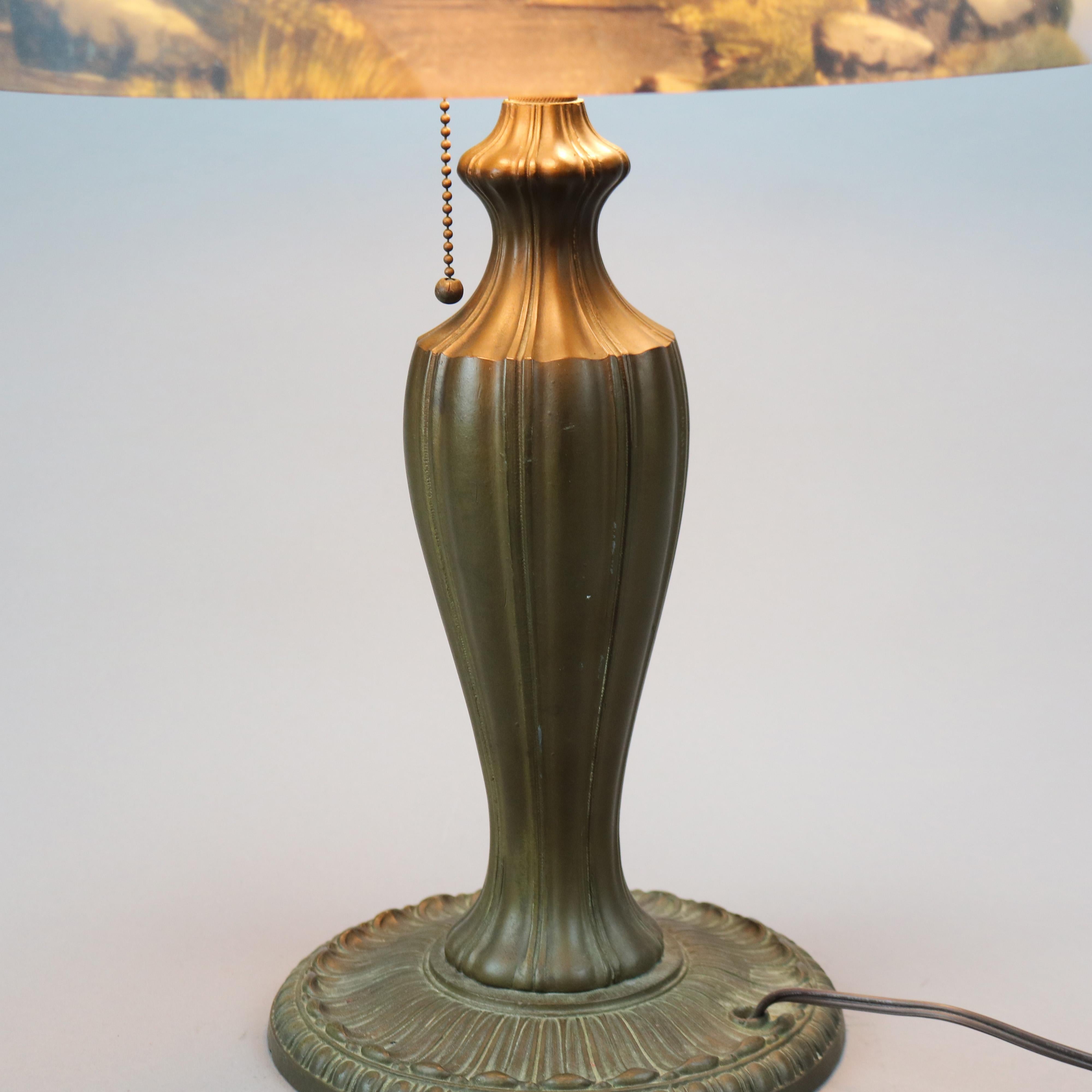 20th Century Antique Arts & Crafts Phoenix Reverse Painted Lamp with Farm & Chickens, c1920