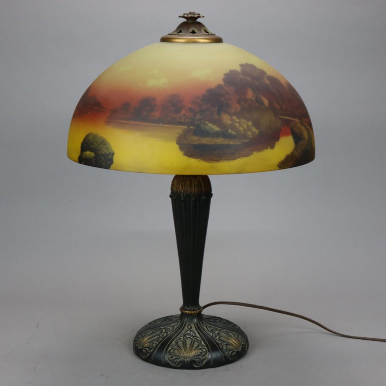 Antique Arts and Crafts Phoenix Reverse Painted Landscape Table Lamp