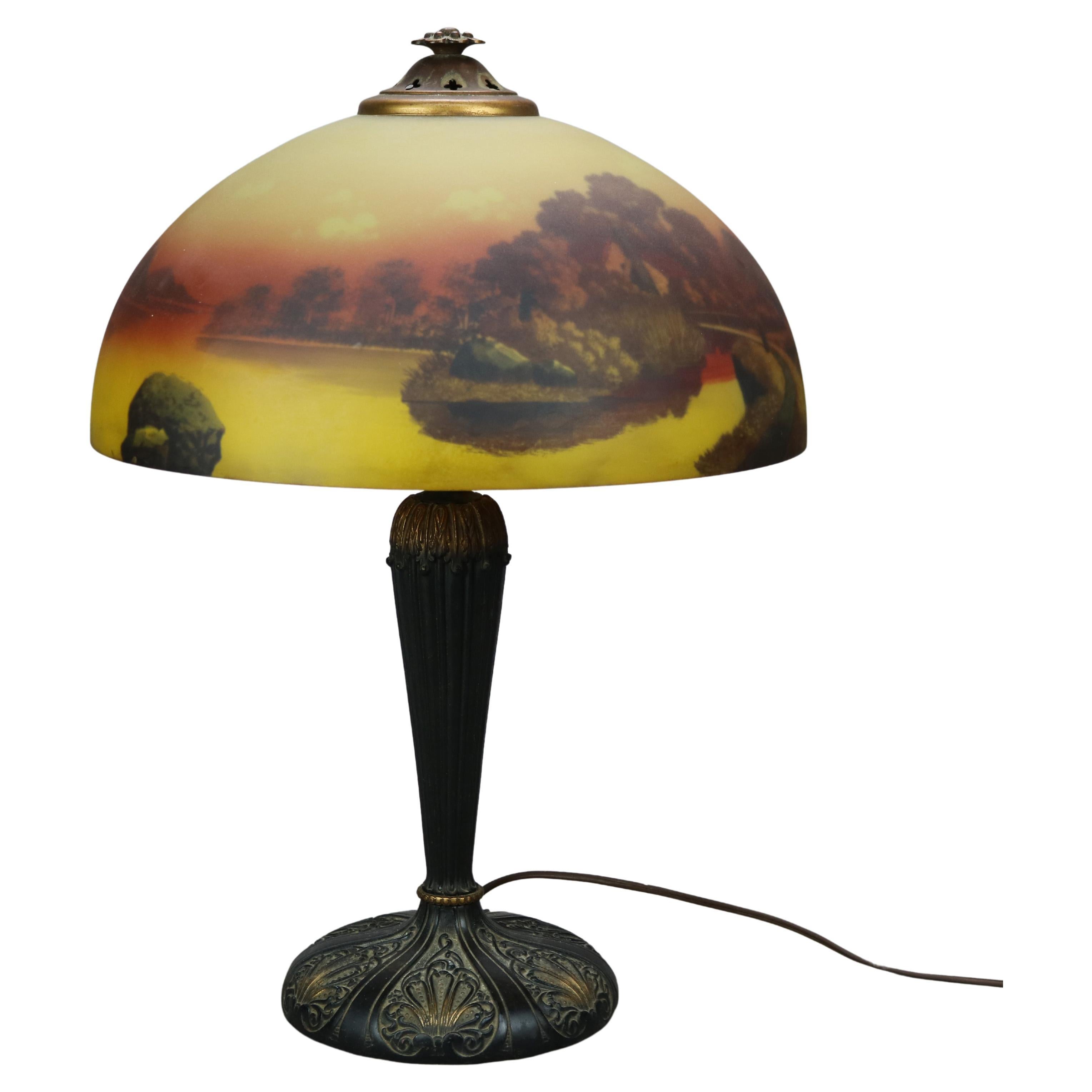 Antique Arts & Crafts Phoenix Reverse Painted Landscape Table Lamp, Circa 1920