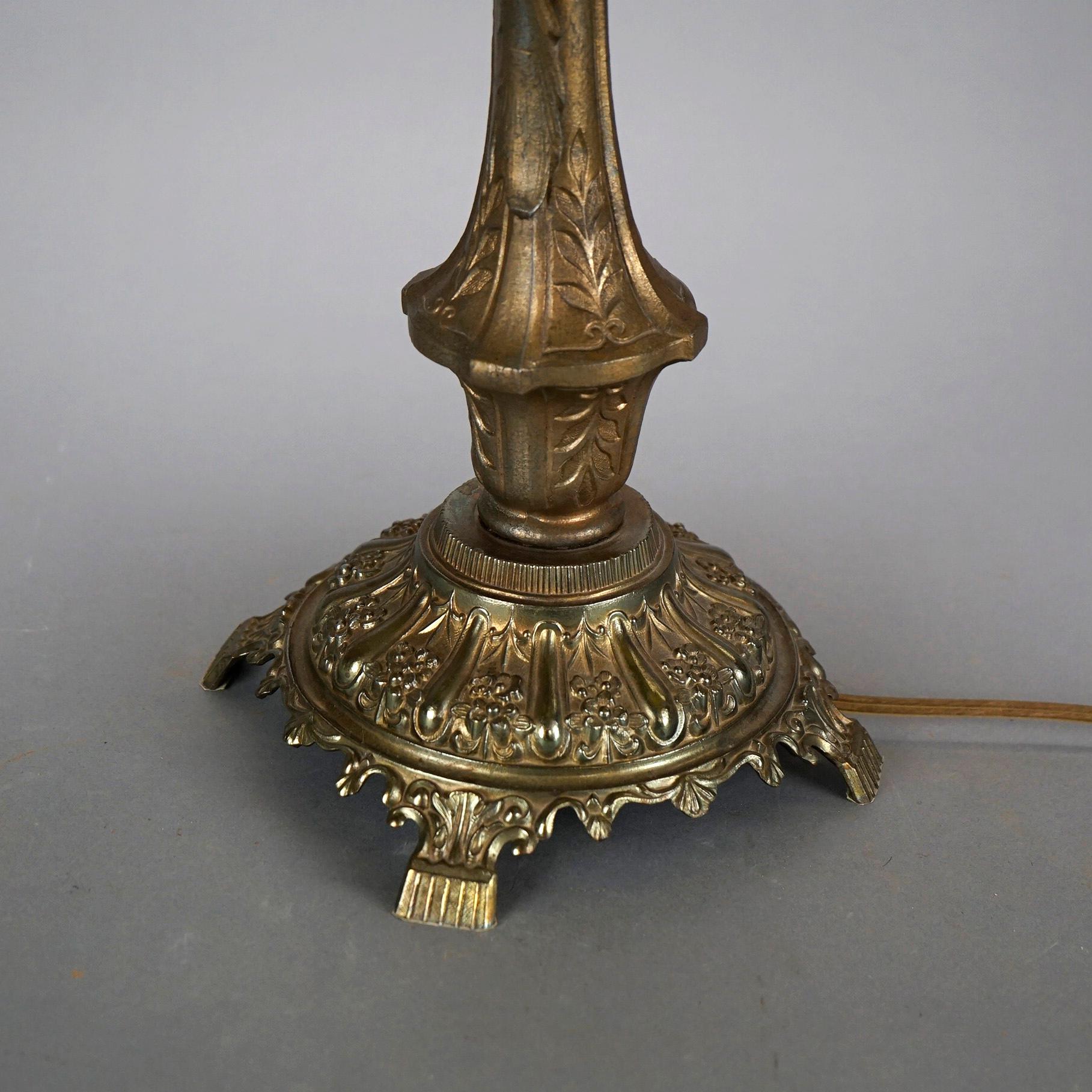 Metal Antique Arts & Crafts Phoenix Reverse Painted Scenic Table Lamp, Circa 1920