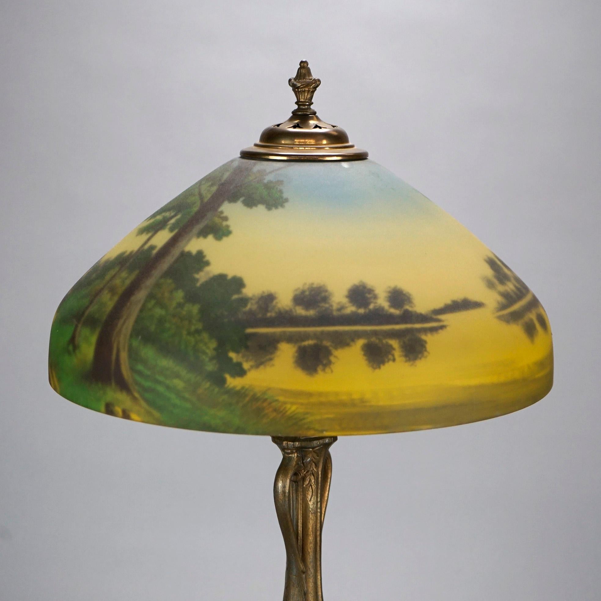 Arts and Crafts Antique Arts & Crafts Phoenix Reverse Painted Scenic Table Lamp, Circa 1920