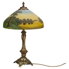 Antique Arts & Crafts Phoenix Reverse Painted Scenic Table Lamp, Circa 1920