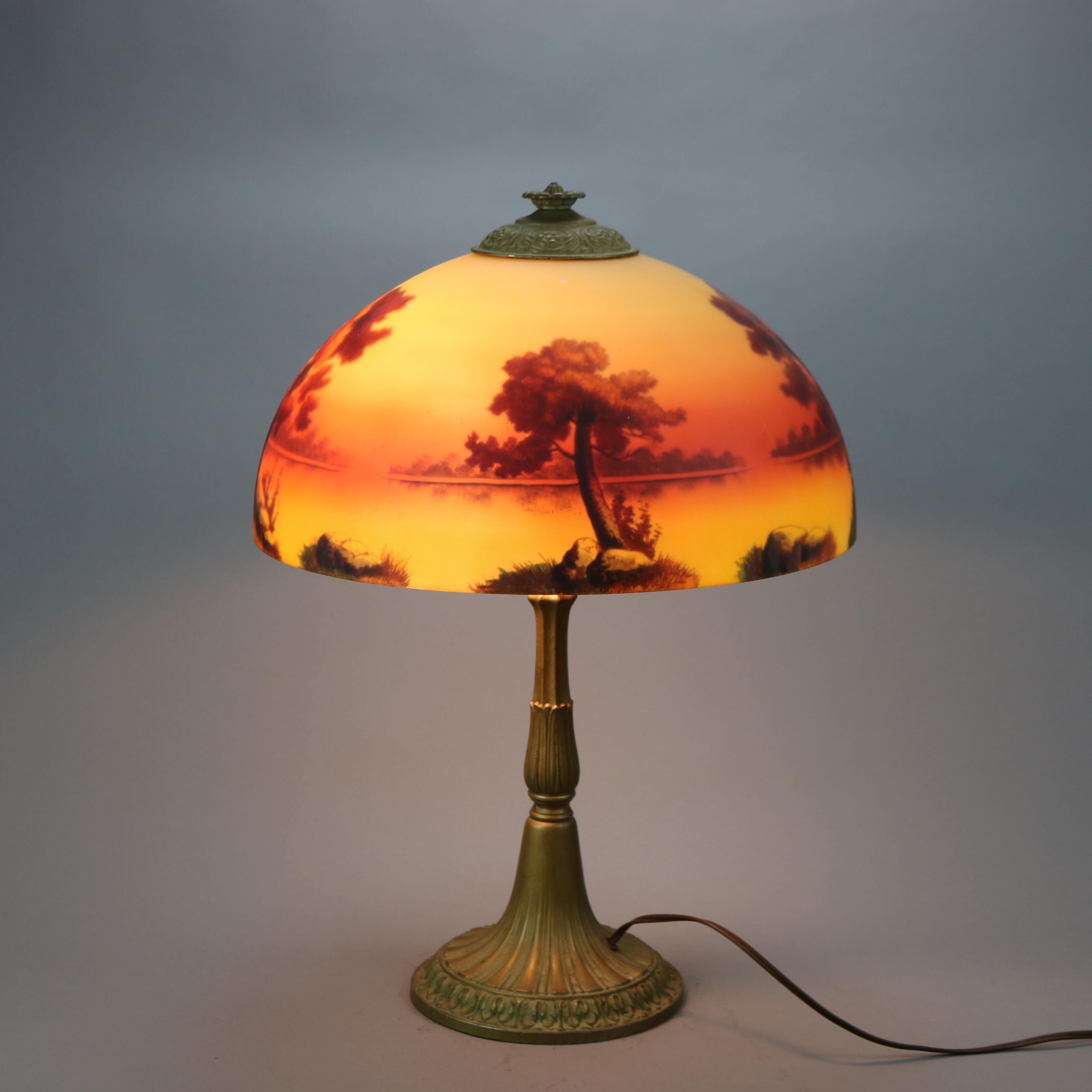 Arts and Crafts Antique Arts & Crafts Phoenix Reverse Painted Table with Landscape Scene, c1920