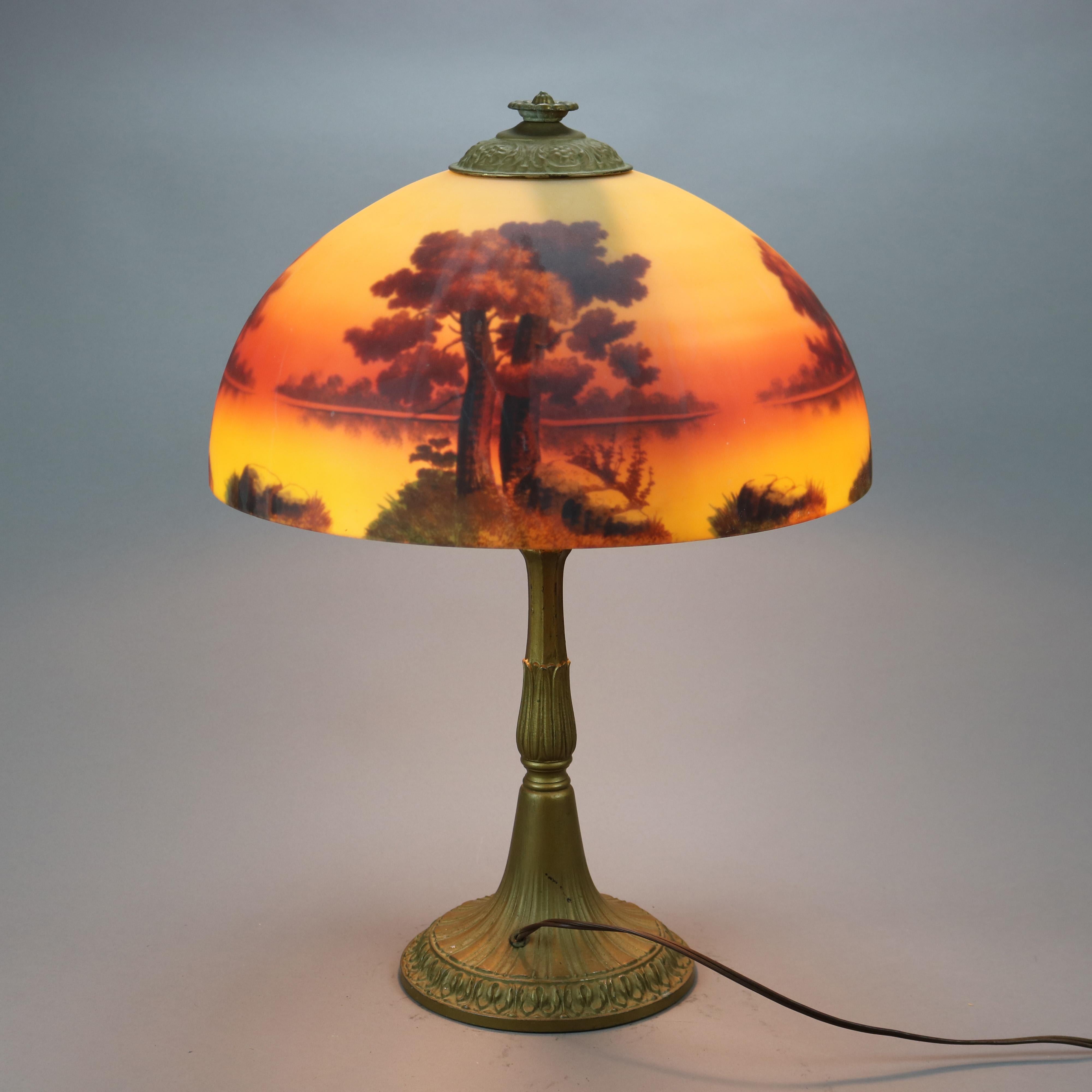 American Antique Arts & Crafts Phoenix Reverse Painted Table with Landscape Scene, c1920