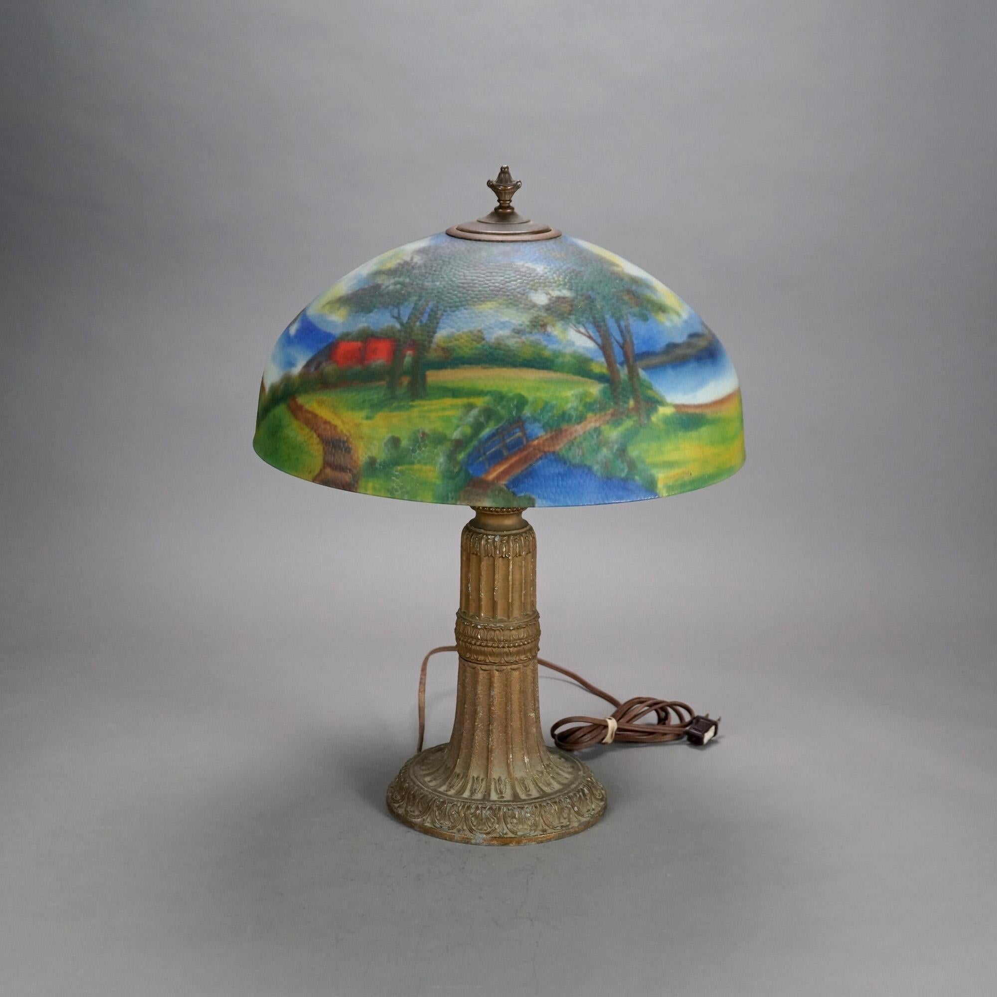 Antique Arts & Crafts Phoenix School Reverse Painted Table Lamp with Double Sockets and Landscape Scene C1920

Measures - 23