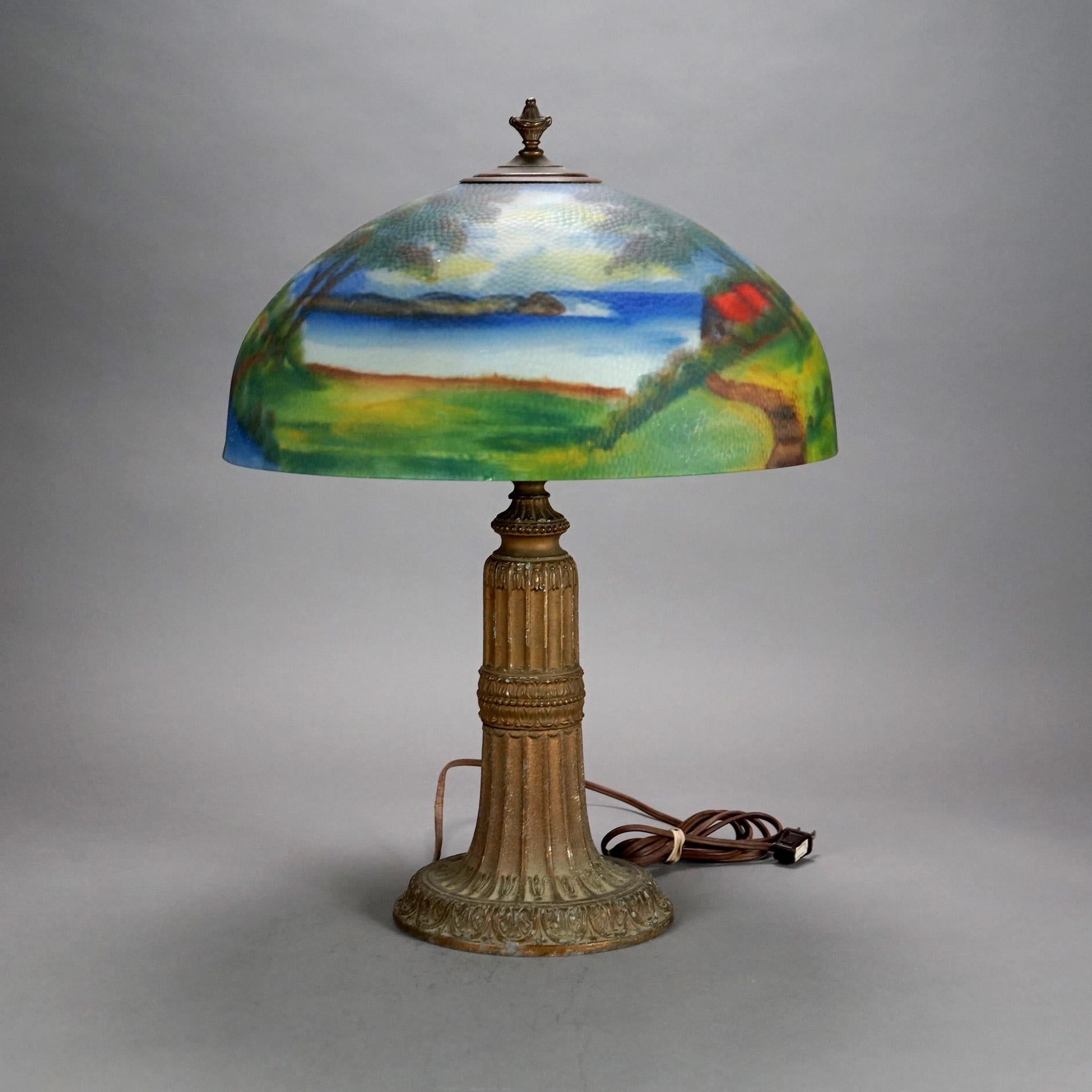 American Antique Arts & Crafts Phoenix School Reverse Painted Landscape Table Lamp C1920