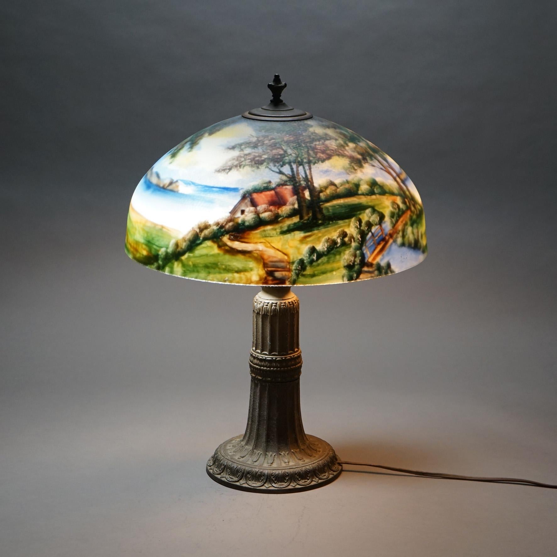 Cast Antique Arts & Crafts Phoenix School Reverse Painted Landscape Table Lamp C1920