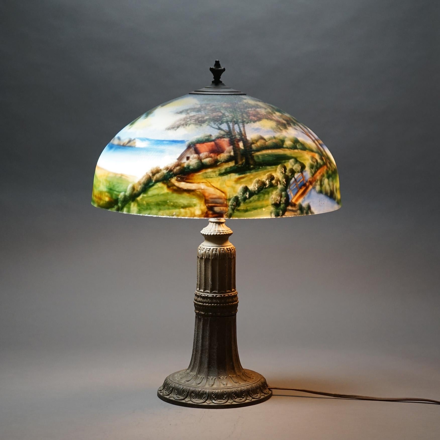 Antique Arts & Crafts Phoenix School Reverse Painted Landscape Table Lamp C1920 In Good Condition In Big Flats, NY