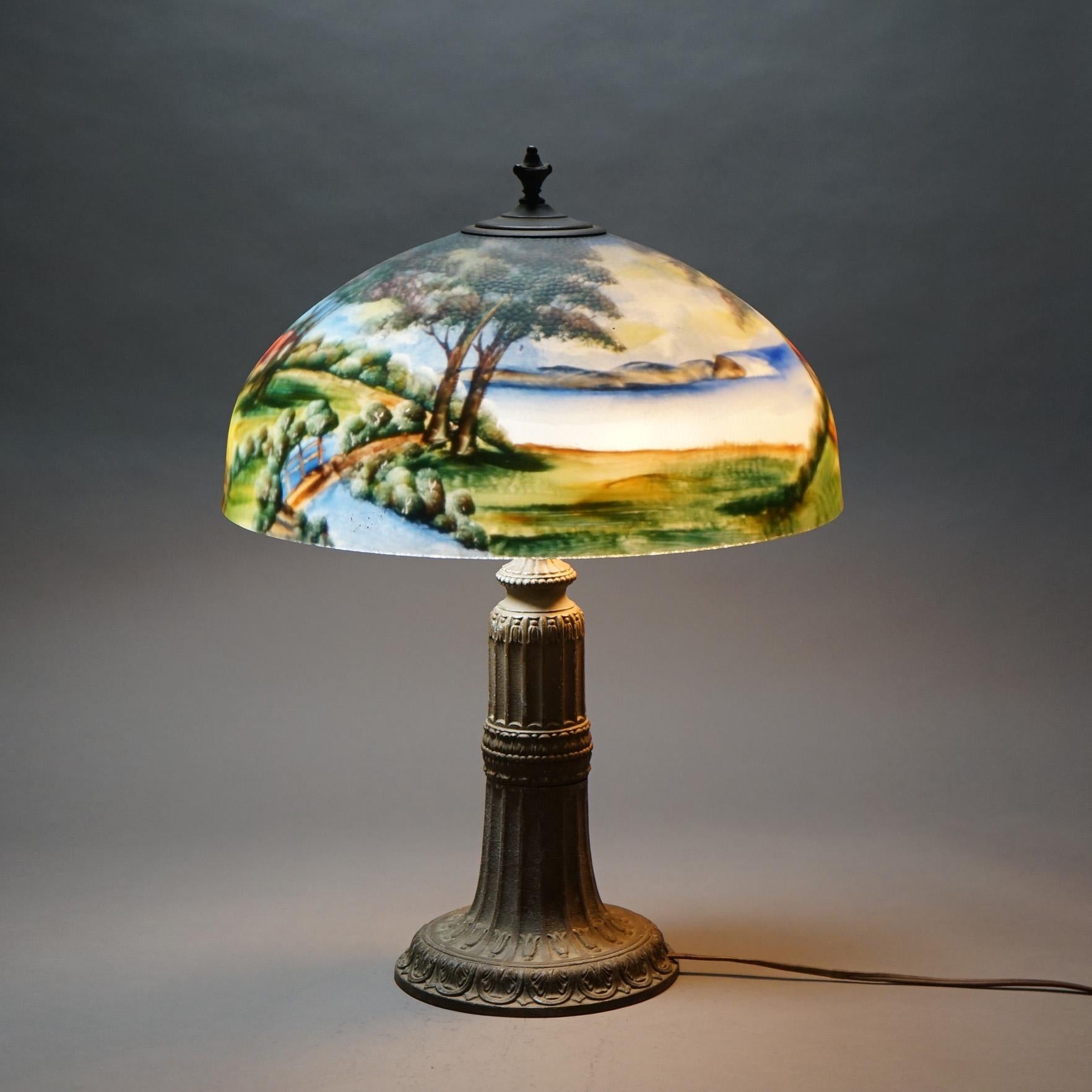 20th Century Antique Arts & Crafts Phoenix School Reverse Painted Landscape Table Lamp C1920