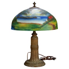 Antique Arts & Crafts Phoenix School Reverse Painted Landscape Table Lamp C1920
