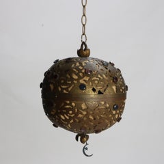 Antique Arts & Crafts Pierced Brass & Jeweled Ball Shade Pendant Light C1920