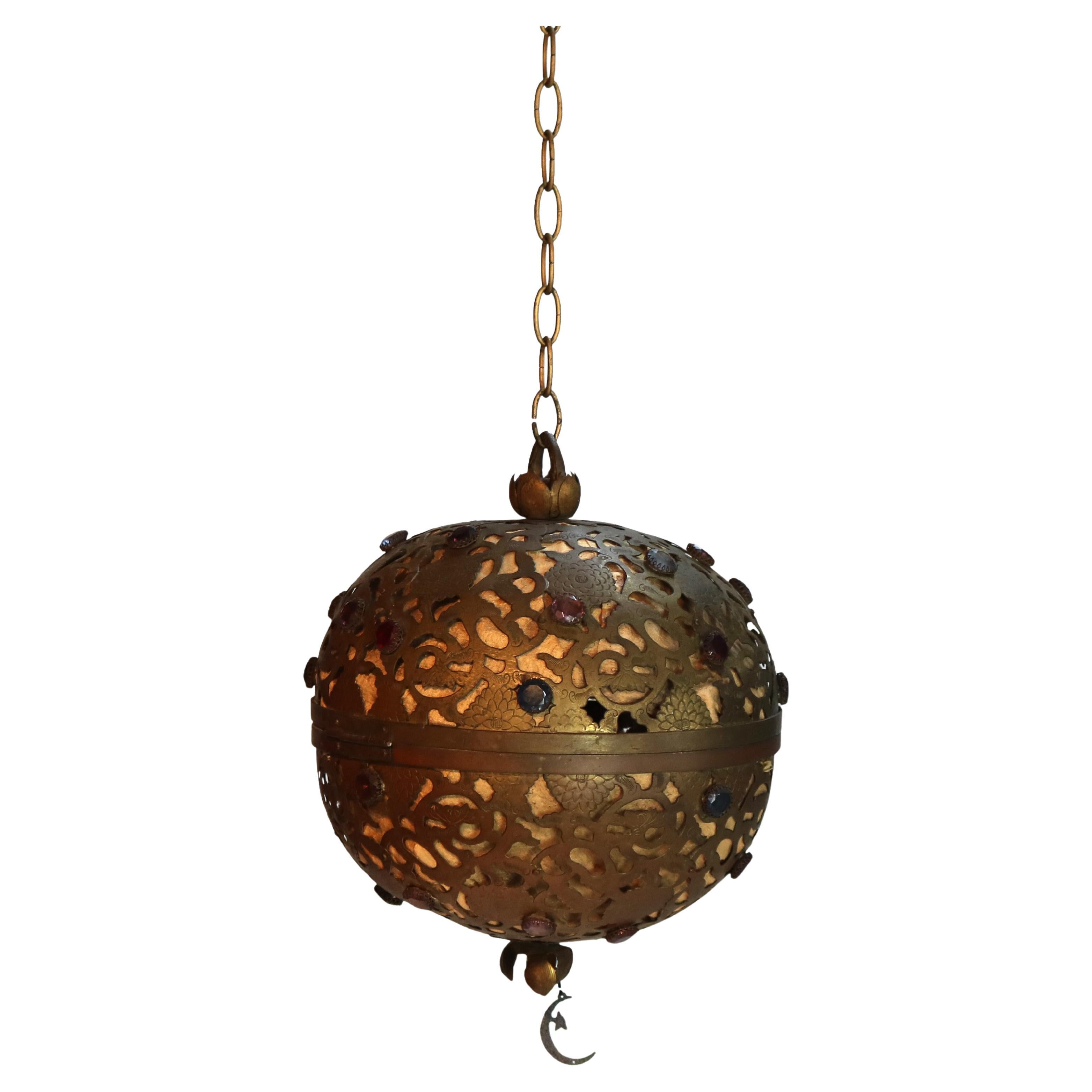 Antique Arts & Crafts Pierced Brass & Jeweled Ball Shade Pendant Light C1920
