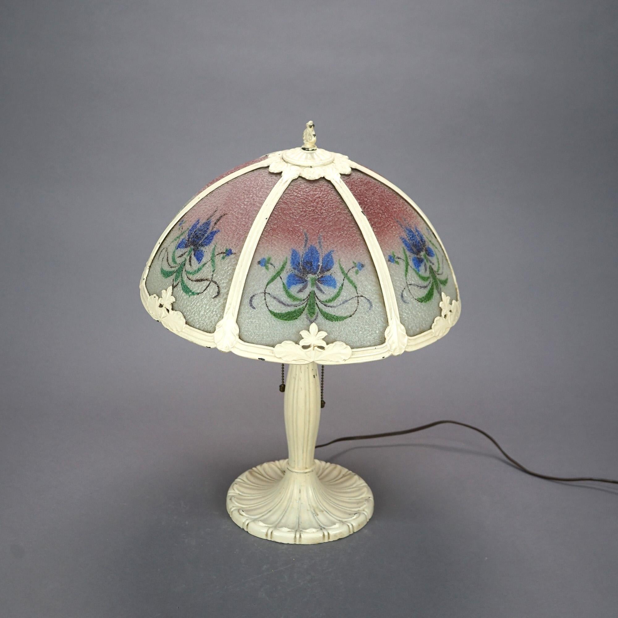Hand-Painted Antique Arts & Crafts Pittsburgh Reverse Painted Table Lamp, Circa 1920