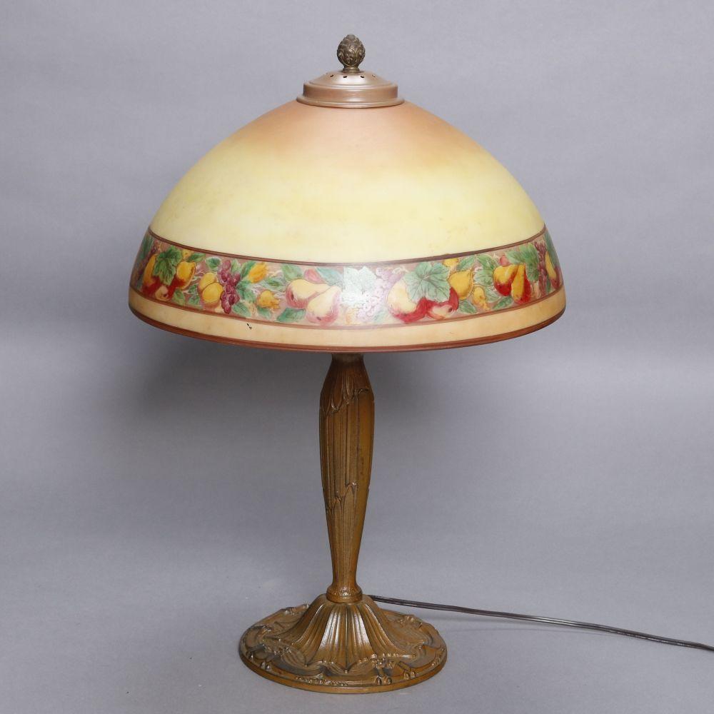 Antique Arts & Crafts Pittsburgh School Bronze Reverse Painted Lamp, circa 1920 In Good Condition In Big Flats, NY