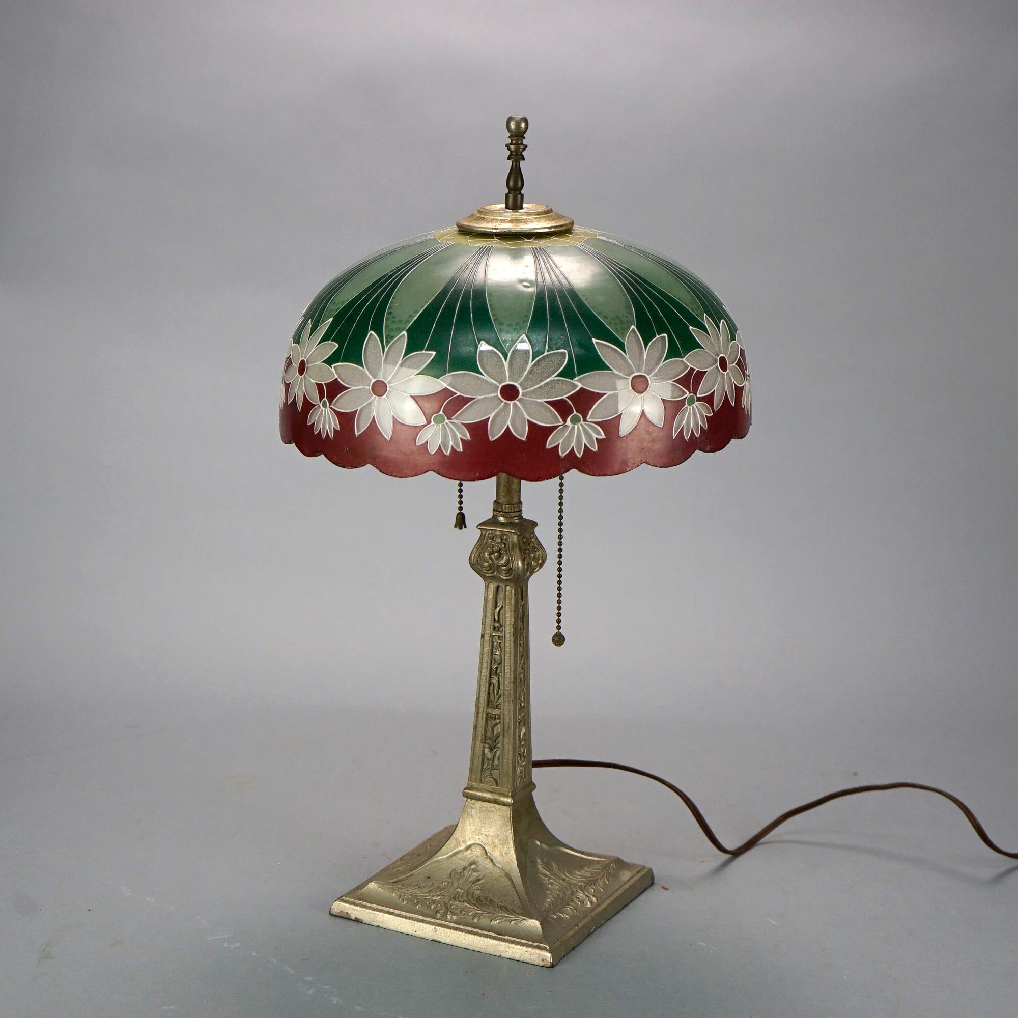 Cast Antique Arts & Crafts Pittsburgh School Daisy Floral Decorated Lamp C1920