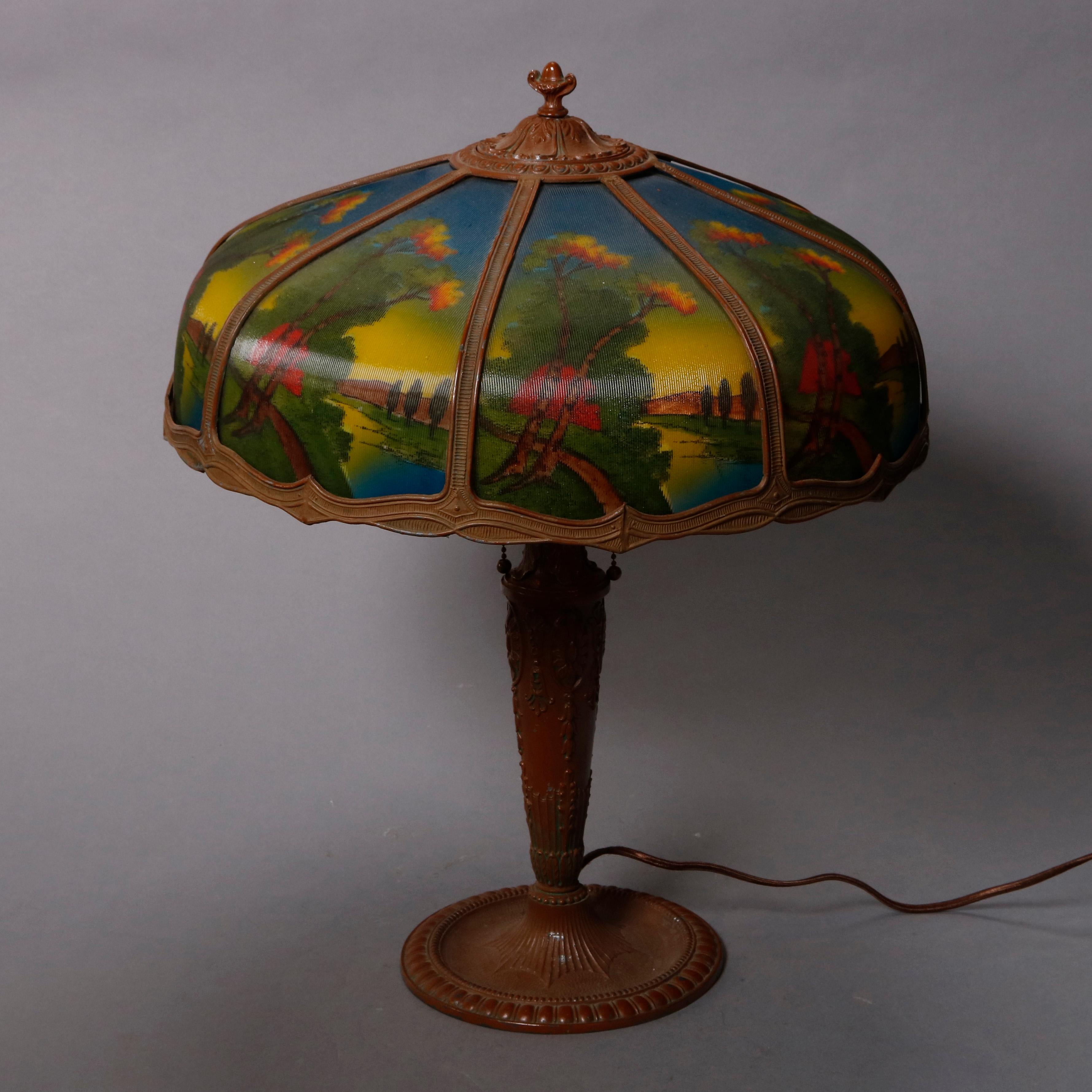 Antique Arts & Crafts Pittsburgh School Reverse Painted Panel Table Lamp 2